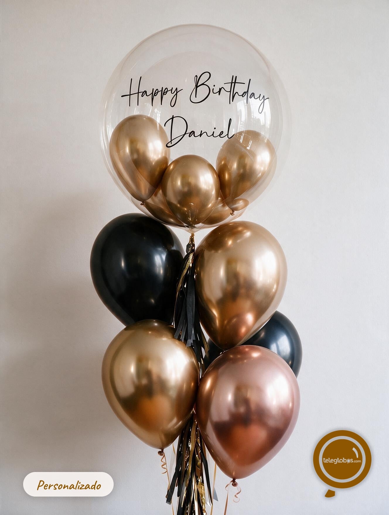 Bunch de Globos con Helio Personalizado -Black & Gold Birthday-