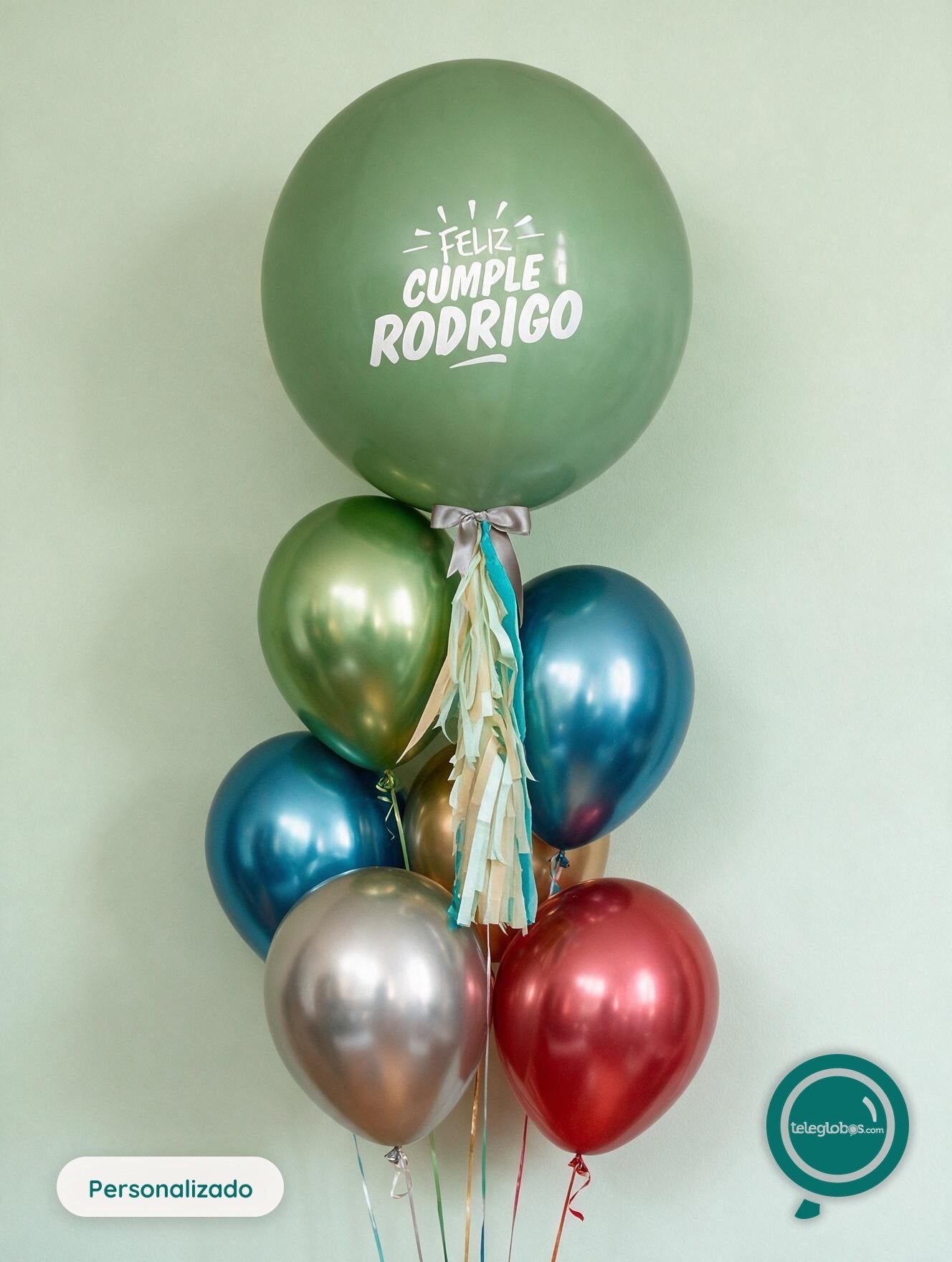 Bunch de Globos con Helio Personalizado -Eucalipto Chrome-