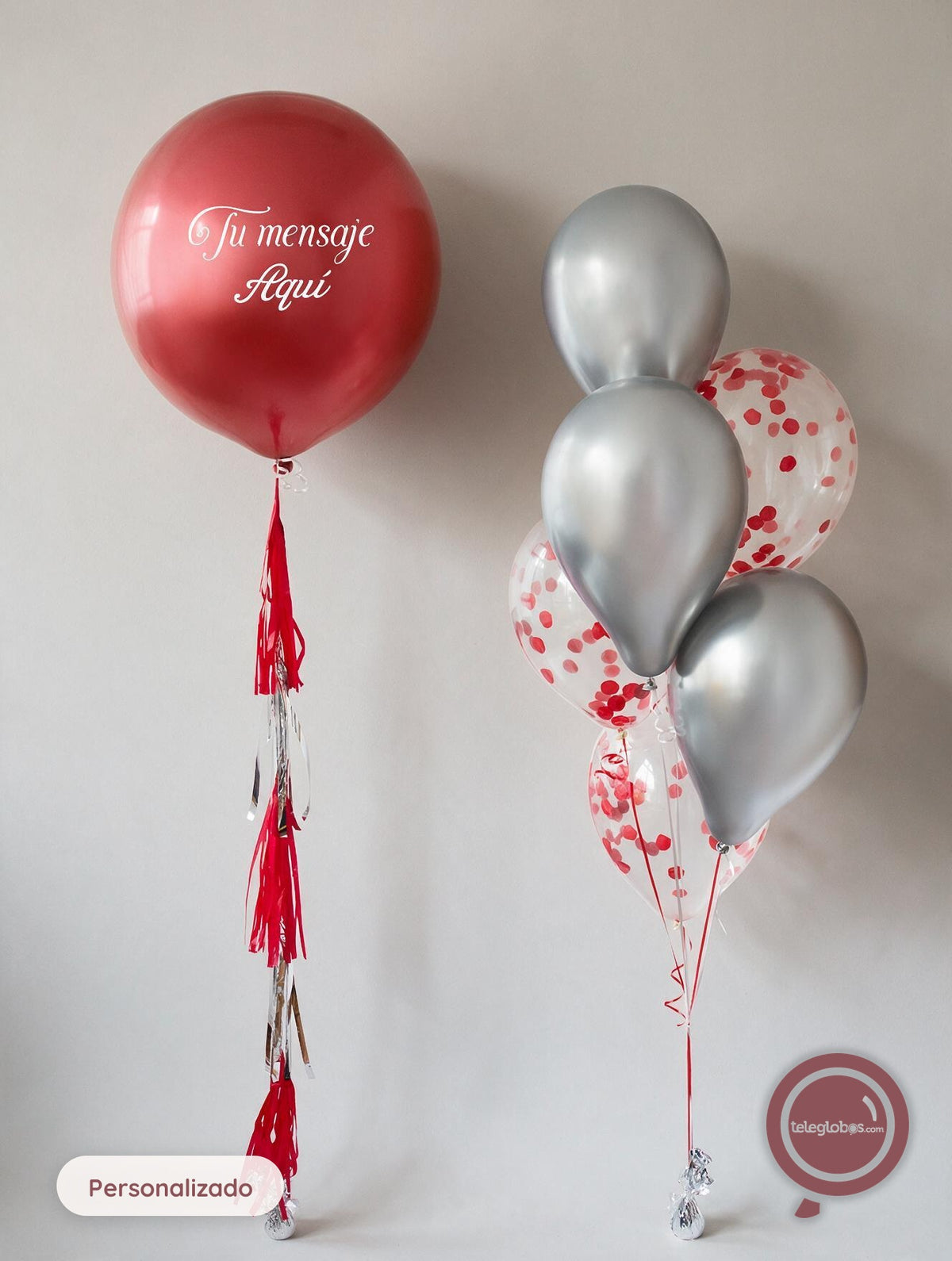 Globo 24" Látex Cromado + 6 globos látex biodegradables con helio -Rojo/Plata-