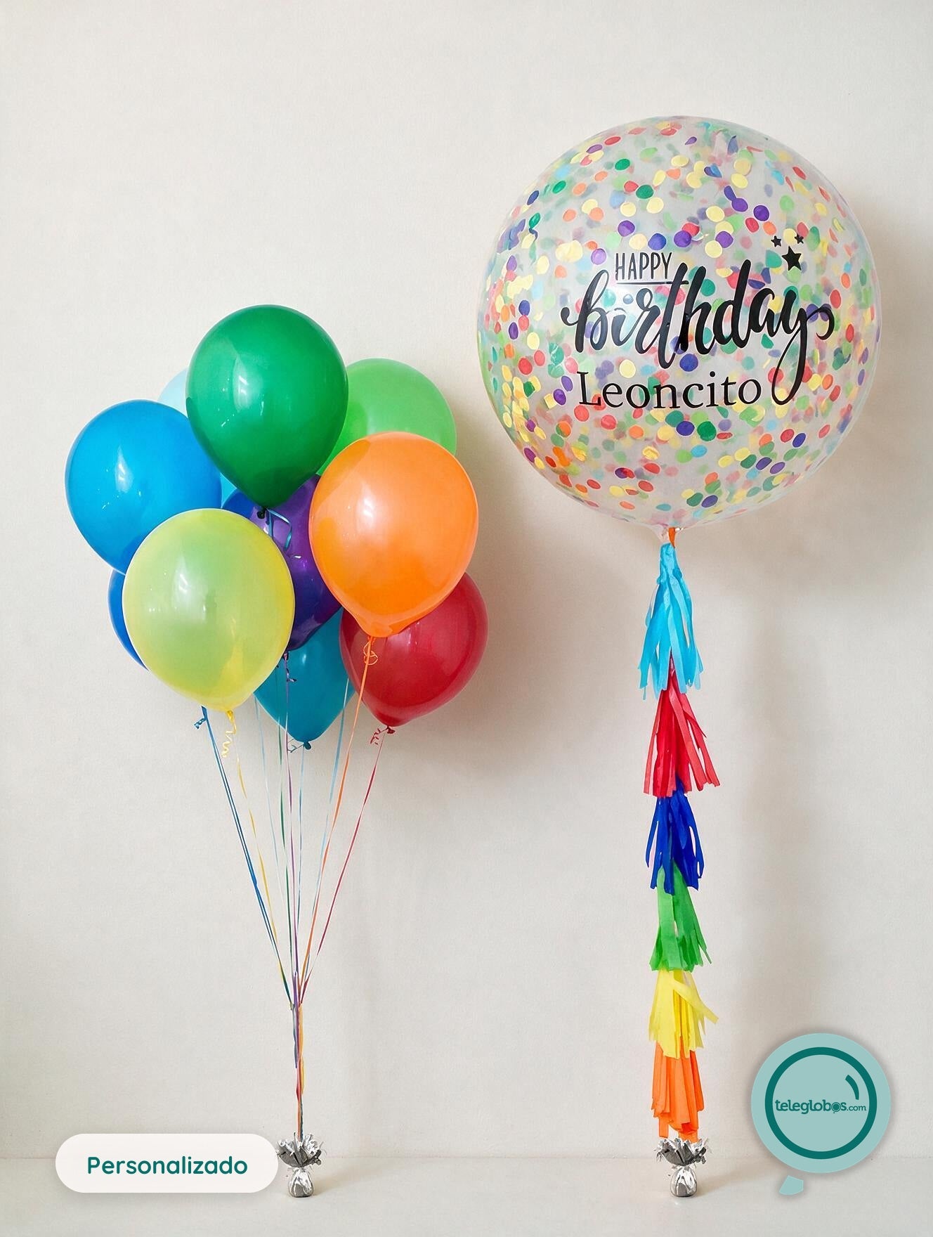 Globo 36 personalizado con confetti, guirnalda y 10 globos
