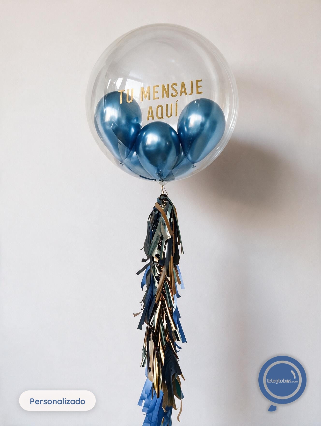 Globo Burbuja Personalizado de 24" con mini globos cromados azules