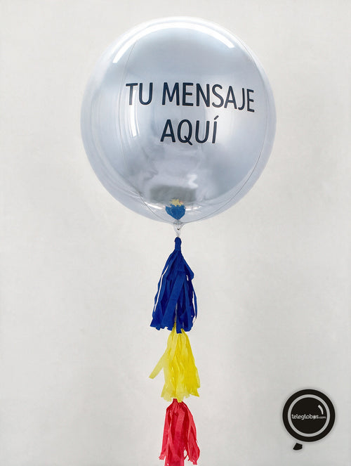 Globo Orbz White Gold Metálico Gigante Personalizado con Helio y Borlas - Plata