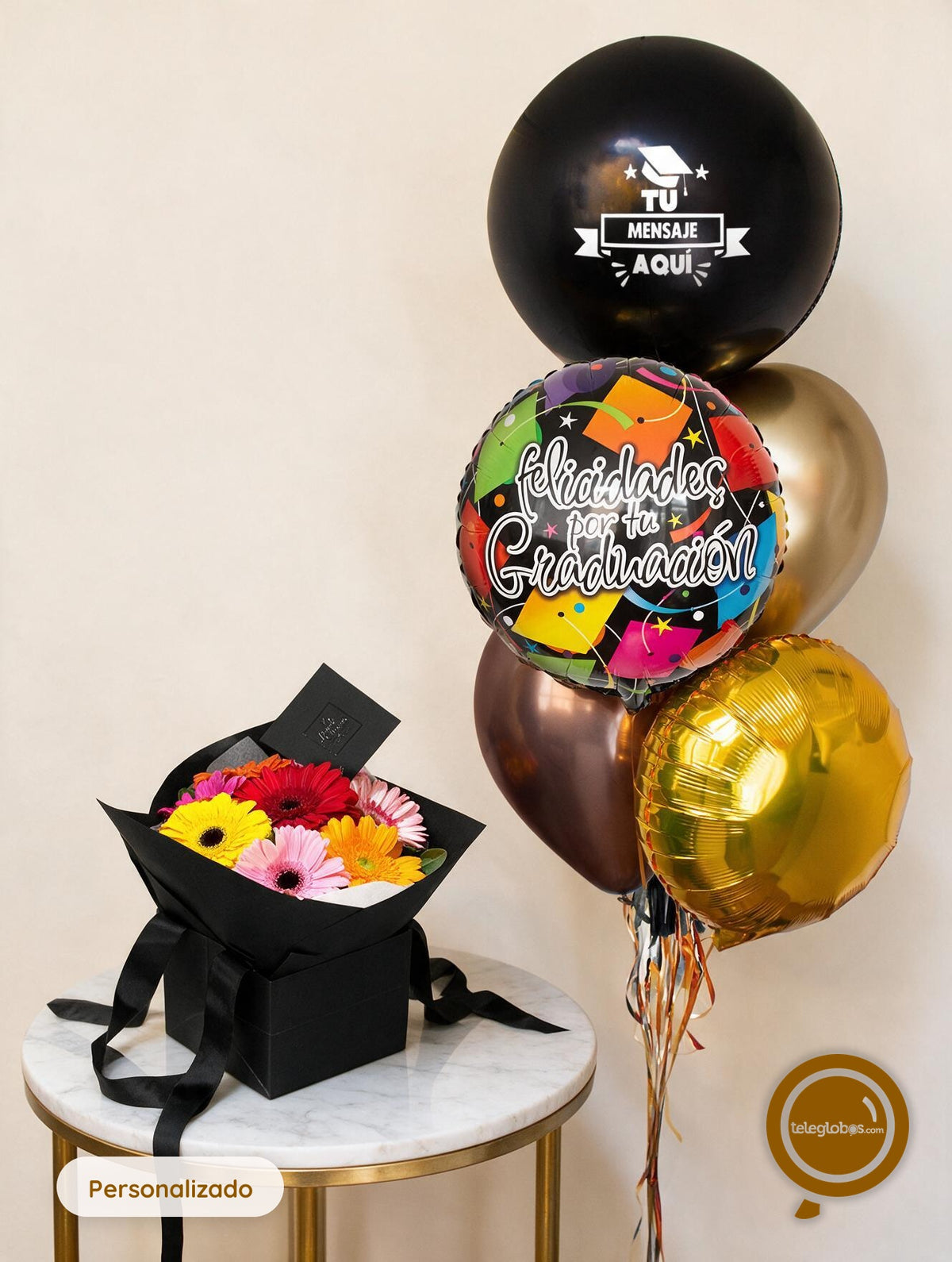 Ramo de 8 Gerberas de Colores + Bunch de Globos para Graduación