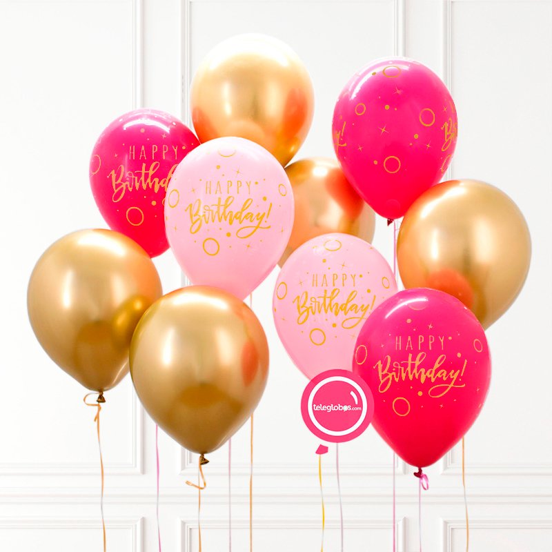 10 Globos Látex con helio -Birthday Rosas y Cromo-