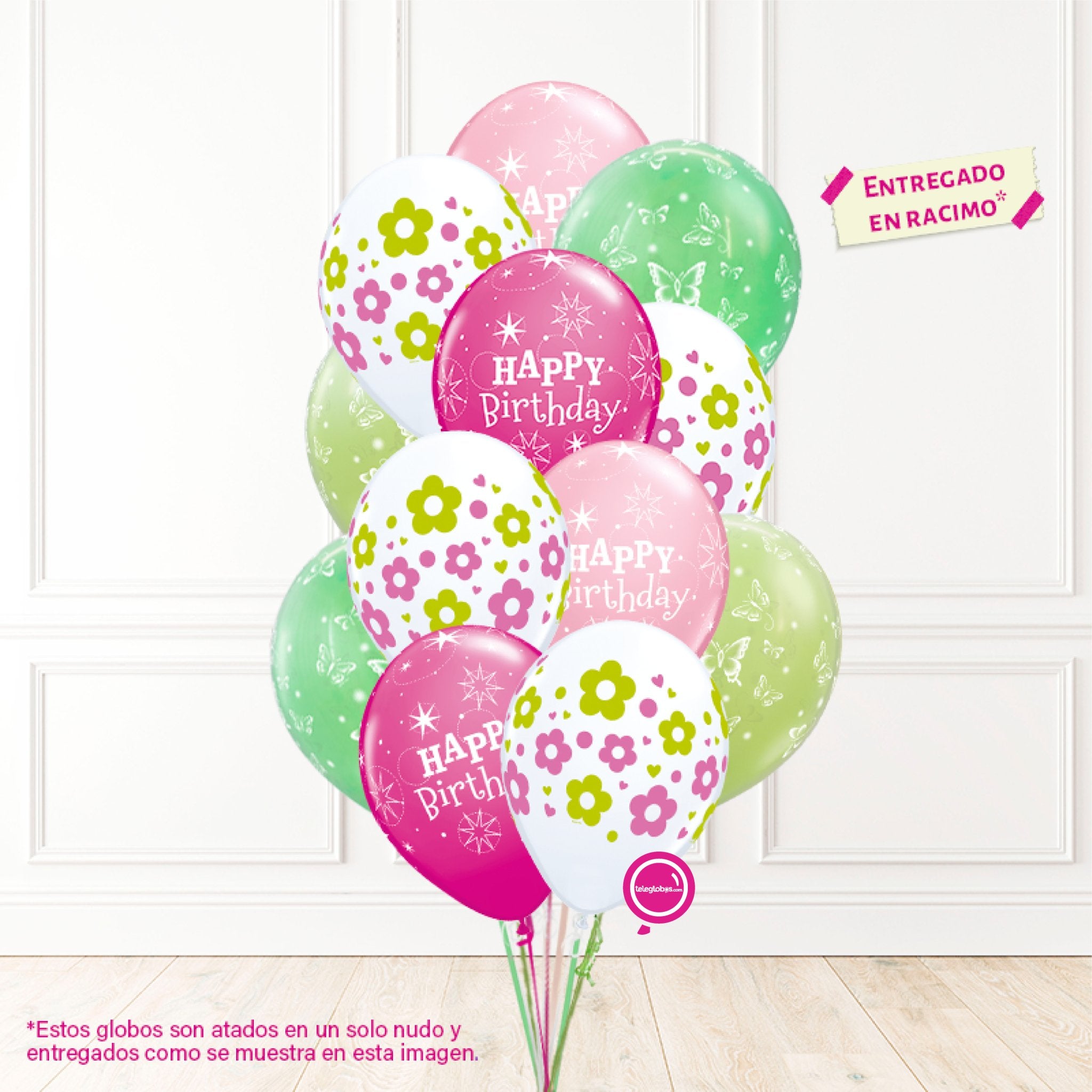 12 globos inflados con helio -Birthday, flores y mariposas- Bio* -RAC012- | Globos y Regalos Teleglobos.com.mx.