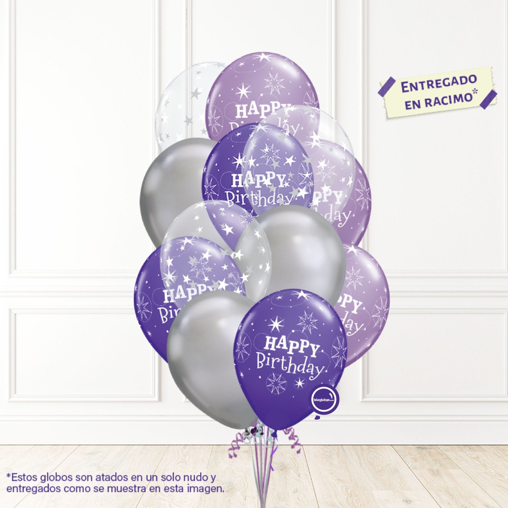 12 globos inflados con helio -Birthday Lila & Cromo- Bio* -RAC003- | Globos y Regalos Teleglobos.com.mx.