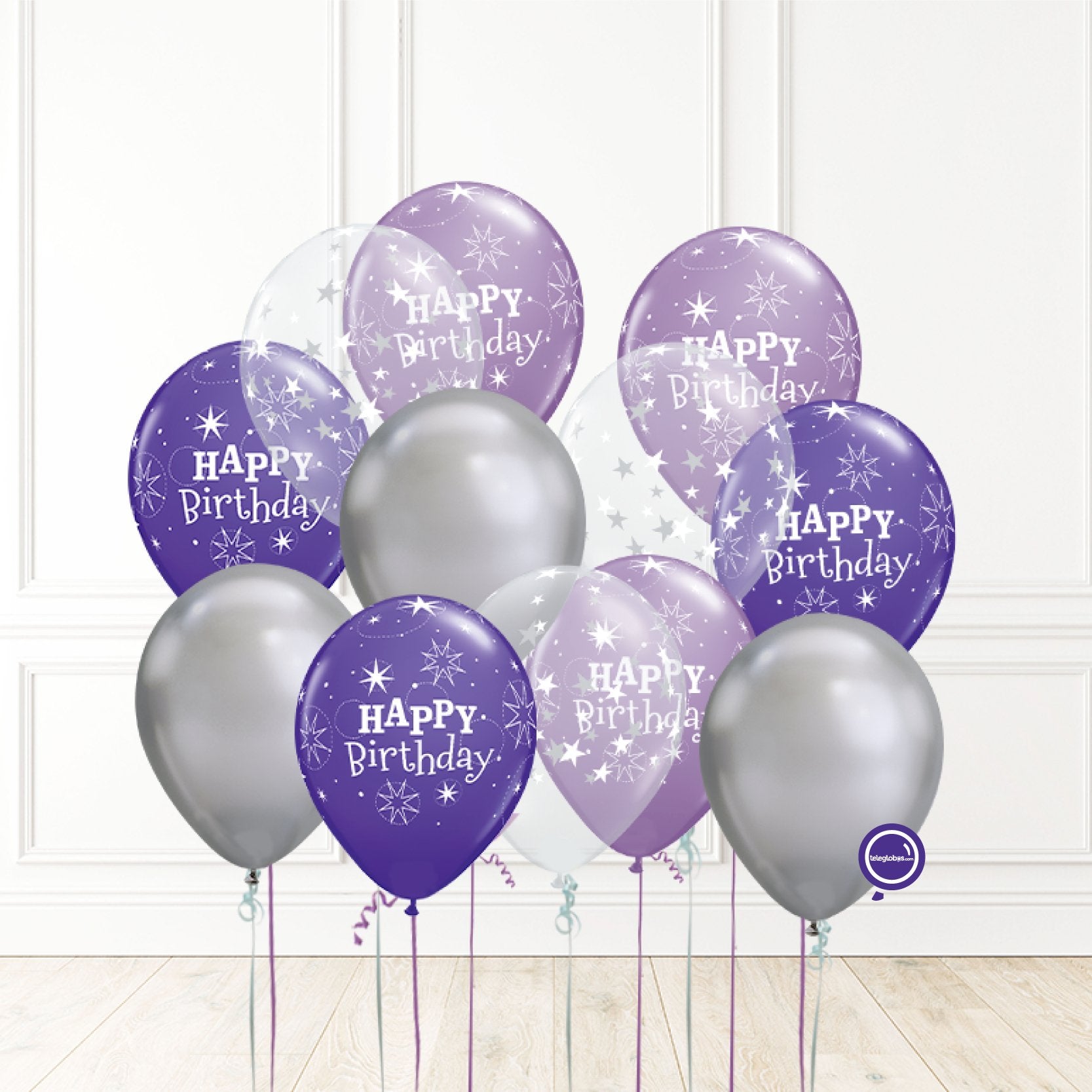 12 globos inflados con helio -Birthday Lila & Cromo- Bio* -RAC003- | Globos y Regalos Teleglobos.com.mx.