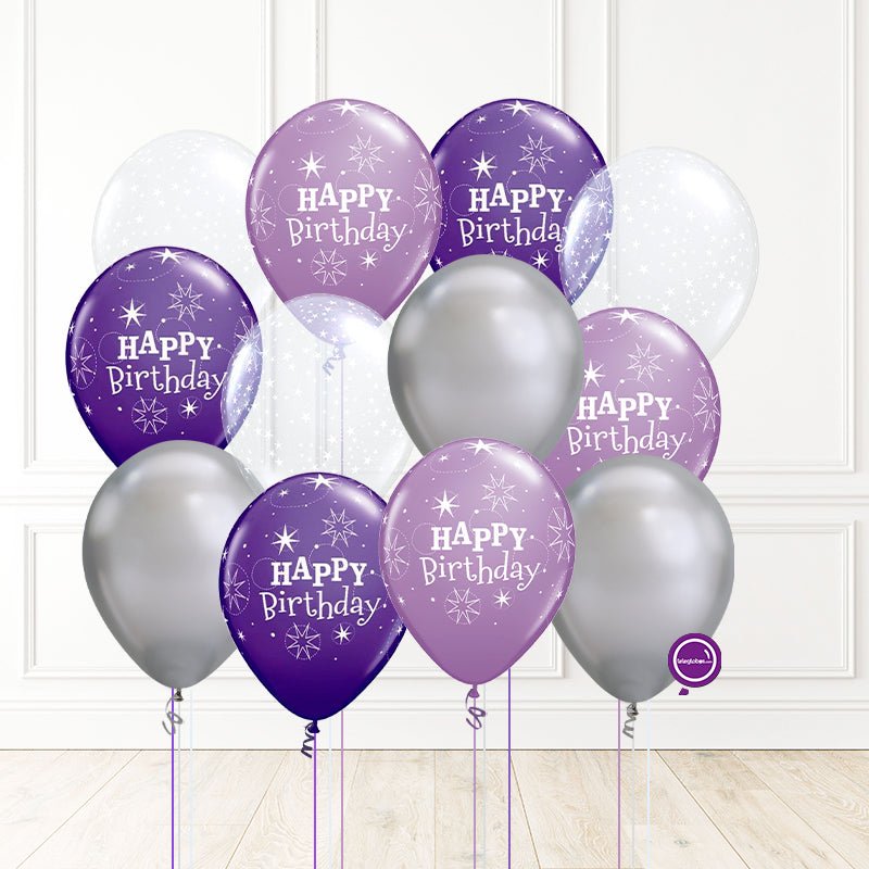 12 globos inflados con helio -Birthday Lila & Cromo- Bio* -RAC033- | Globos y Regalos Teleglobos.com.mx.