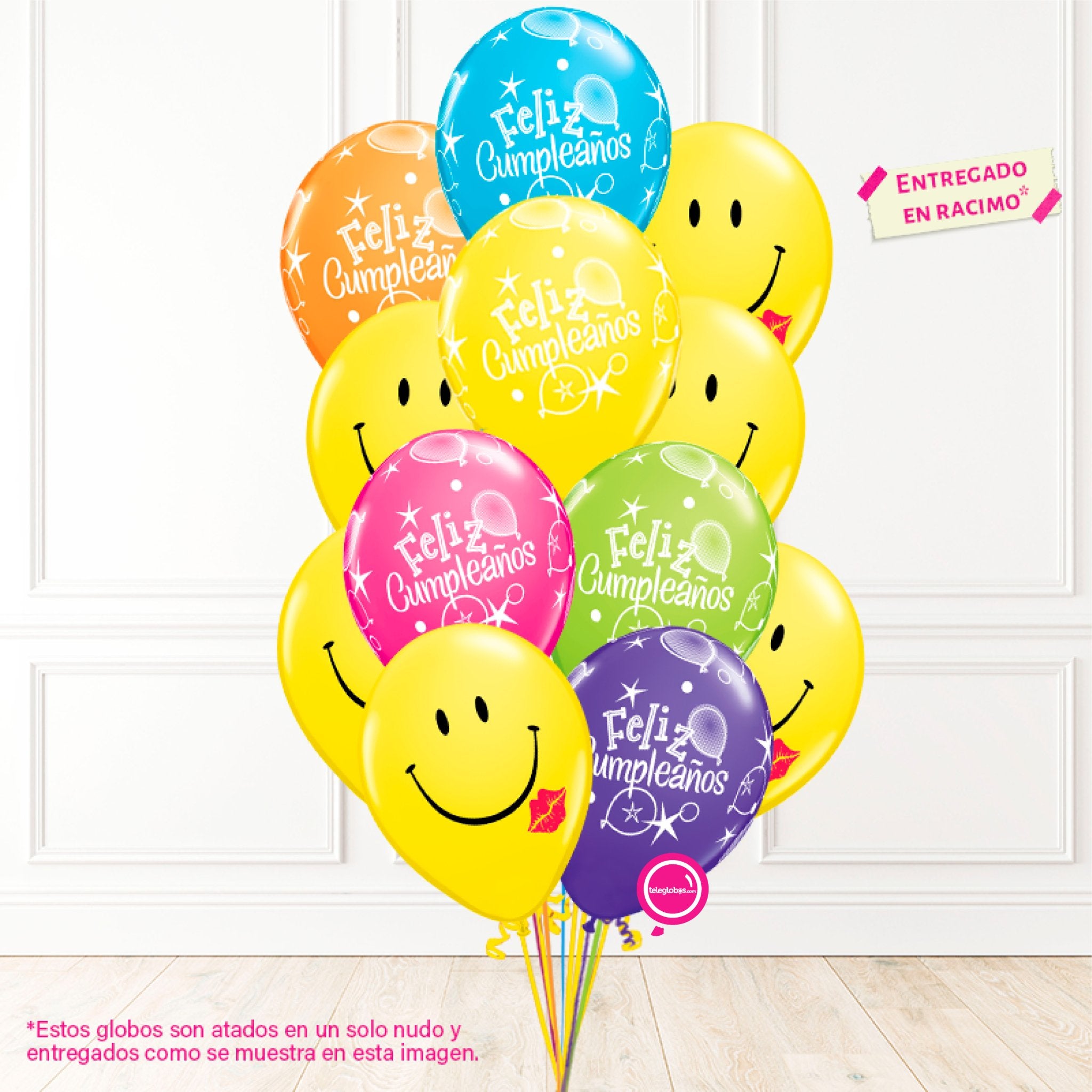 12 globos inflados con helio -Feliz cumpleaños y caritas con besitos- Bio* -RAC011- | Globos y Regalos Teleglobos.com.mx.