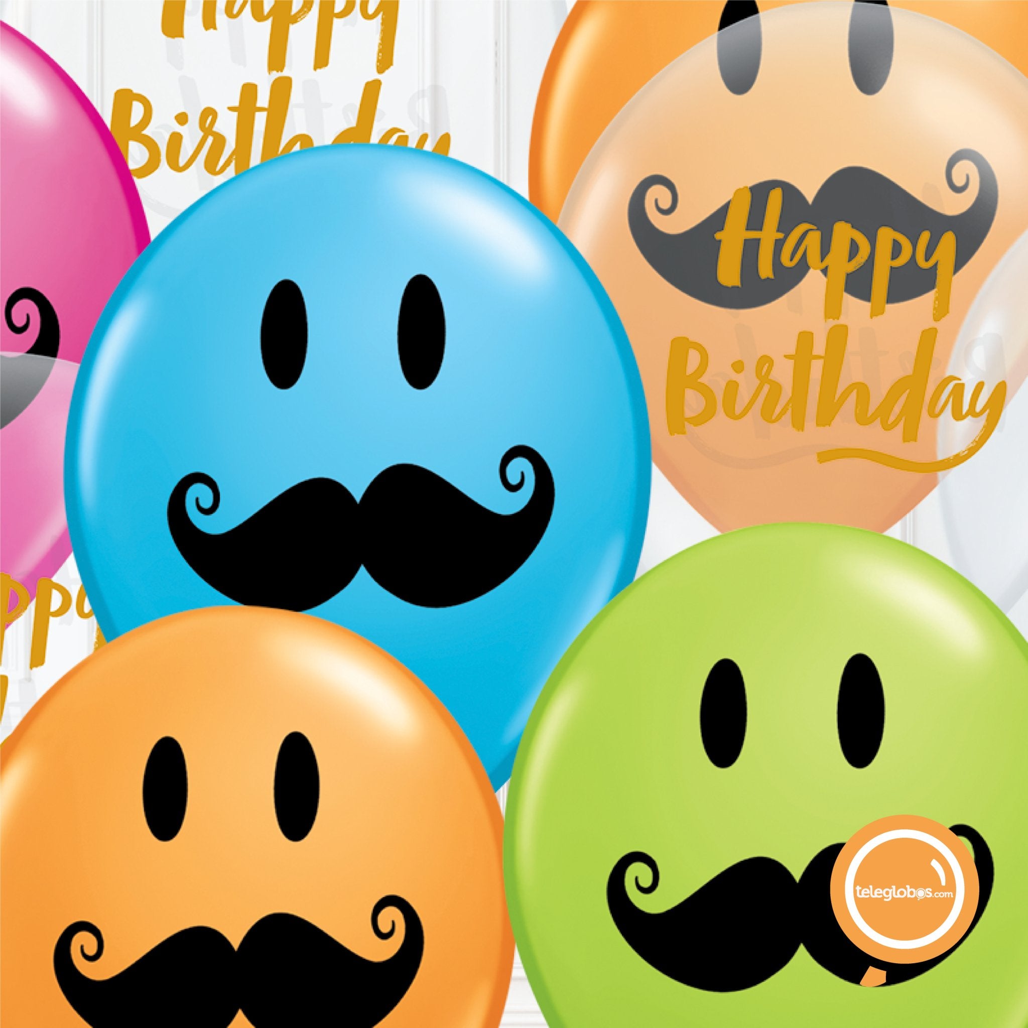 12 globos inflados con helio -Happy Birthday/Bigotes- Bio* -RAC017- | Globos y Regalos Teleglobos.com.mx.