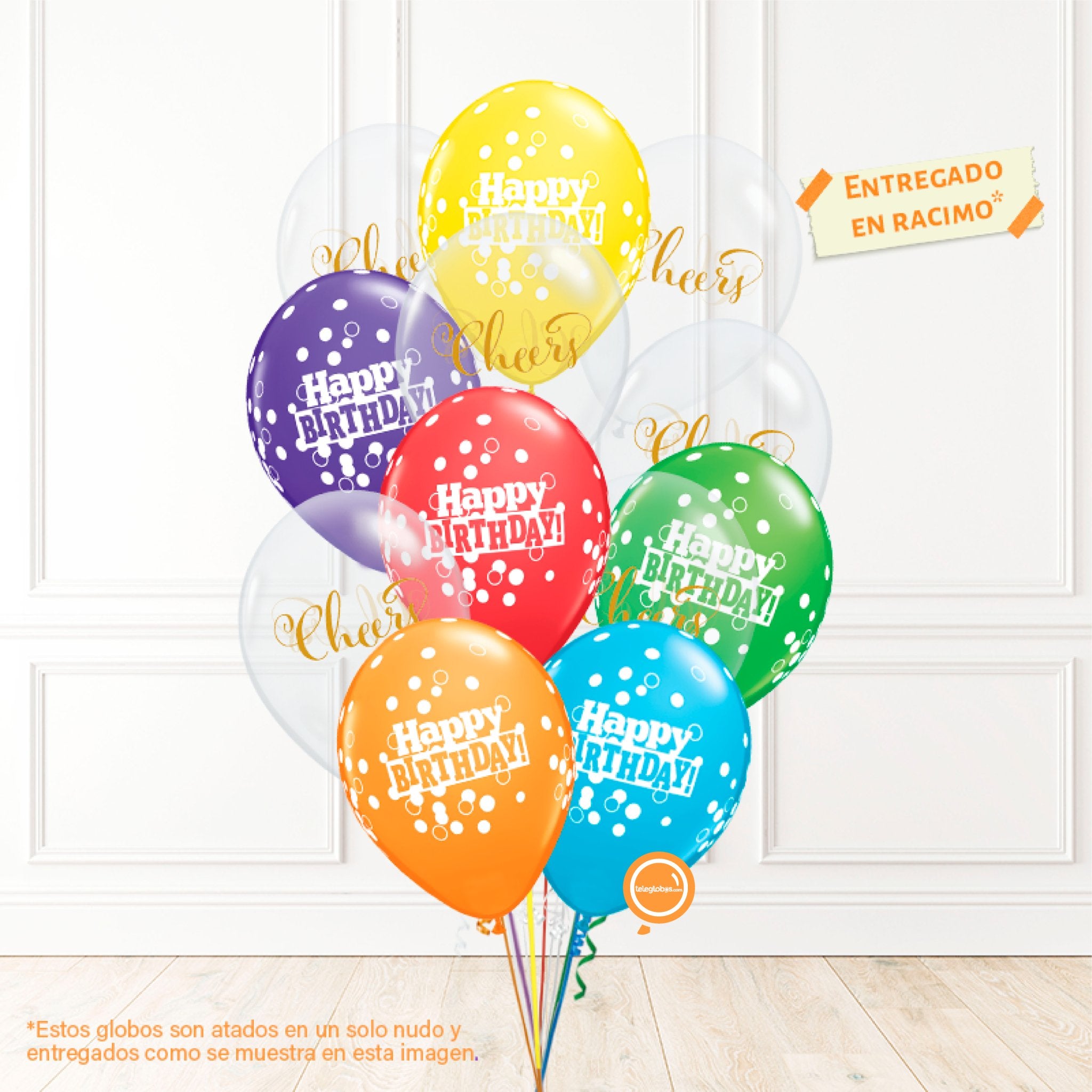 12 globos inflados con helio -Happy Birthday/Cheers- Bio* -RAC013- | Globos y Regalos Teleglobos.com.mx.