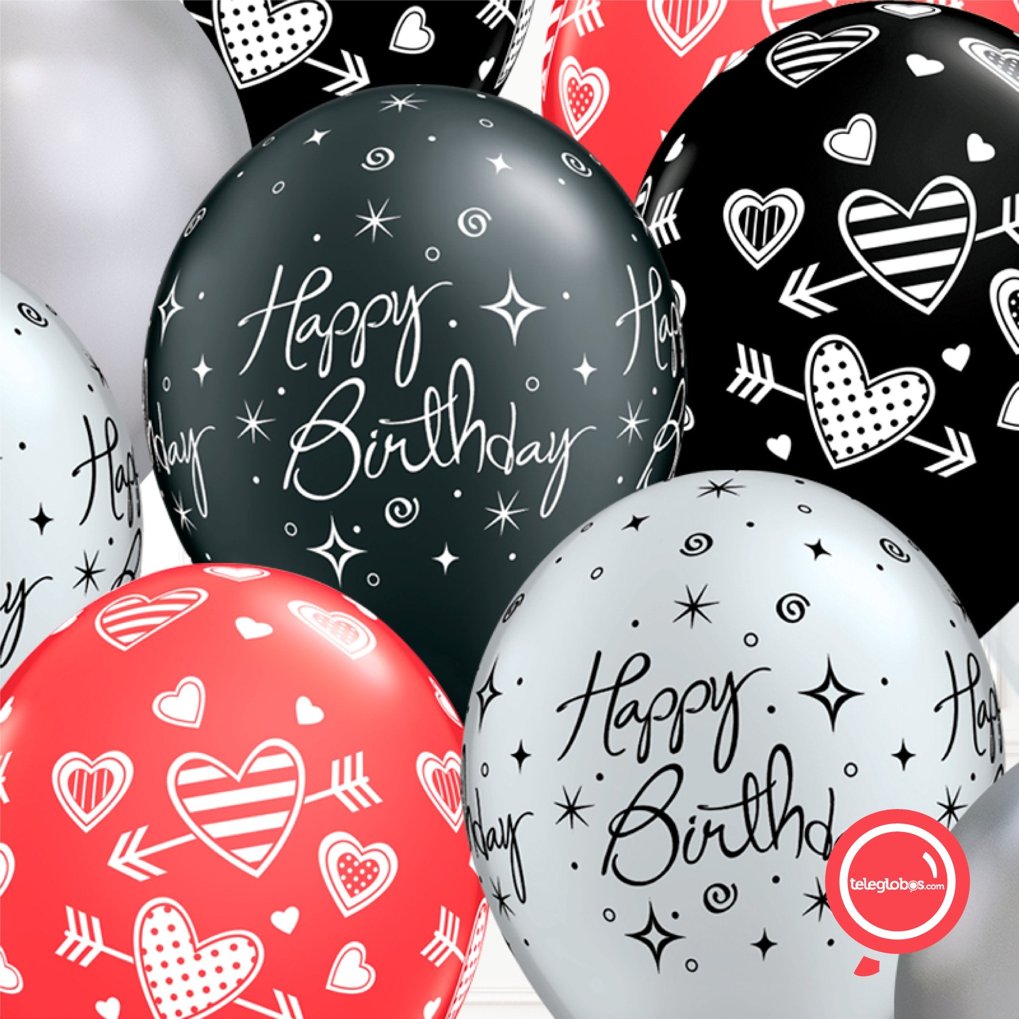 12 globos inflados con helio -Happy Birthday/Corazones/Cromo- Bio* -RAC019- | Globos y Regalos Teleglobos.com.mx.