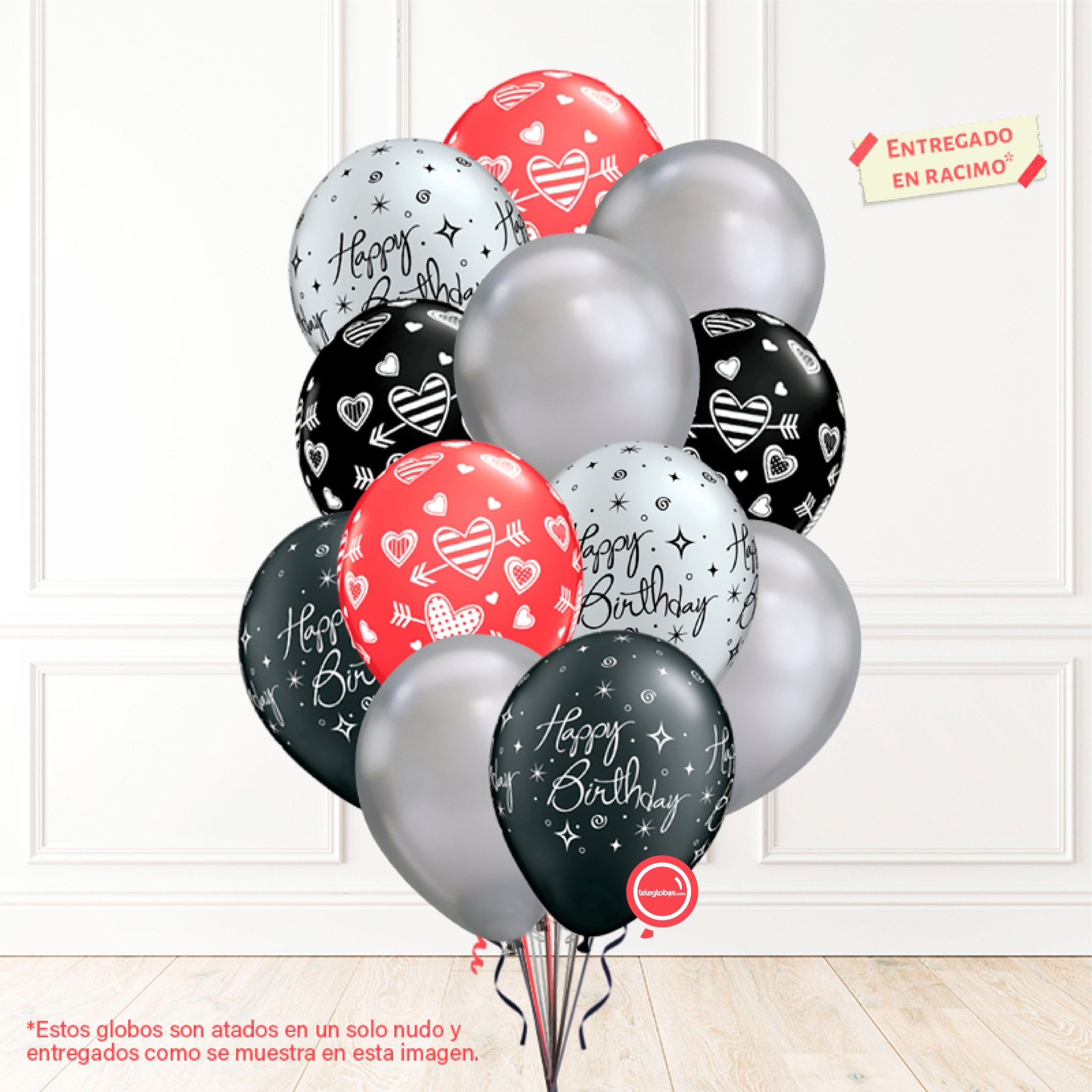 12 globos inflados con helio -Happy Birthday/Corazones/Cromo- Bio* -RAC019- | Globos y Regalos Teleglobos.com.mx.
