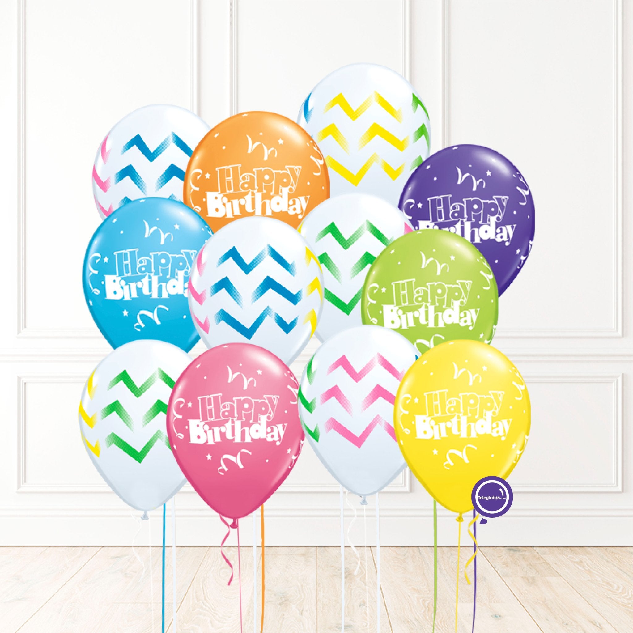 12 globos inflados con helio -Happy Birthday/Rayas- Bio* -RAC020- | Globos y Regalos Teleglobos.com.mx.