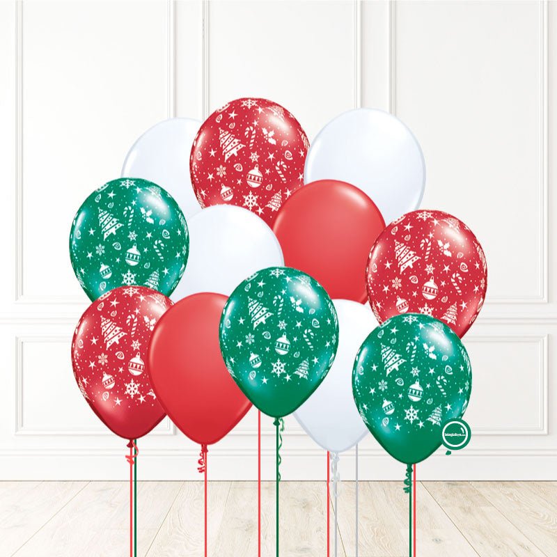 12 globos inflados con helio -Navidad Pinos y Copos II- Bio* -RACNAV02- | Globos y Regalos Teleglobos.com.mx.