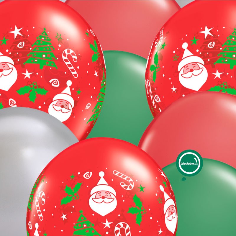 12 globos inflados con helio -Navidad Santa/Cromo- Bio* -RACNAV003- | Globos y Regalos Teleglobos.com.mx.