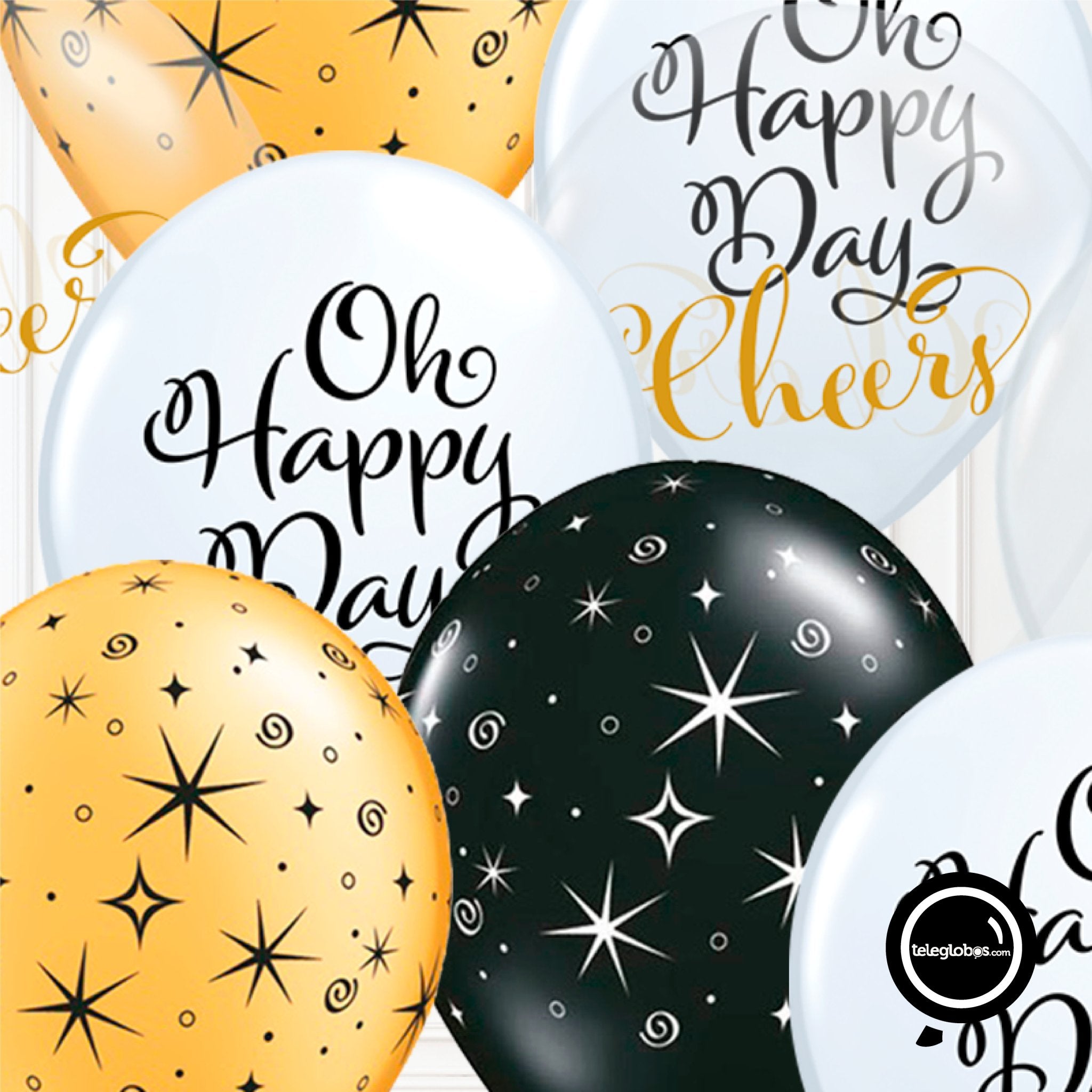 12 globos inflados con helio -Oh Happy Day/Cheers- Bio* -RAC014- | Globos y Regalos Teleglobos.com.mx.