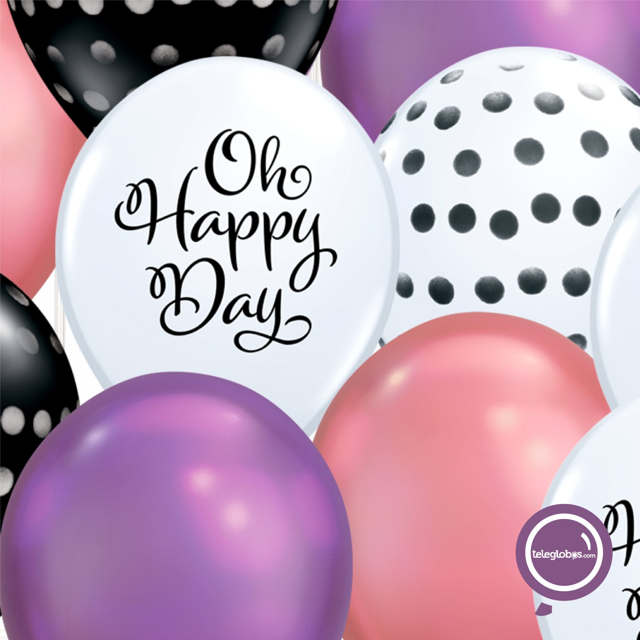 12 globos inflados con helio -Oh Happy Day/Cromo/B&W Dama- Bio* -RAC024- | Globos y Regalos Teleglobos.com.mx.