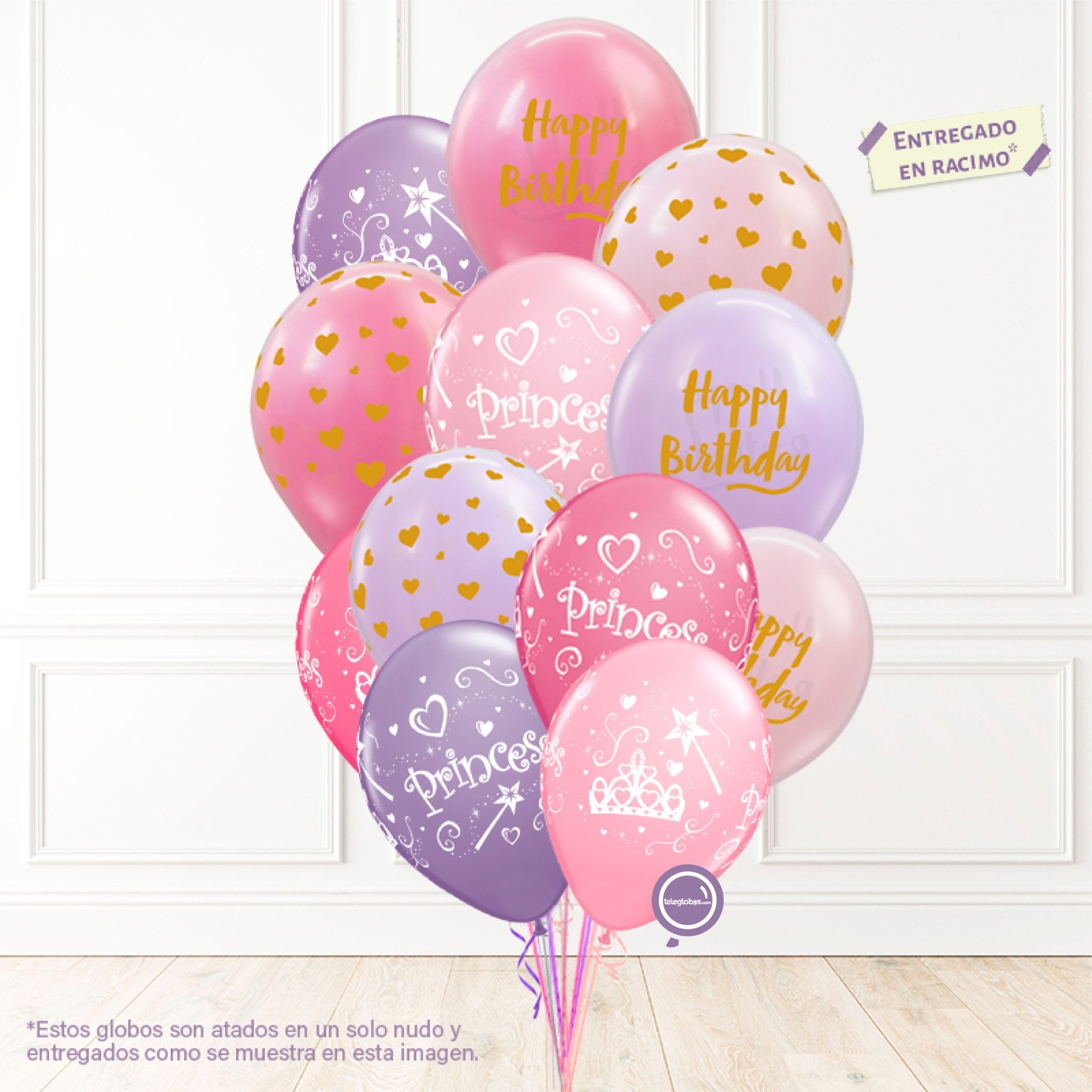 12 globos inflados con helio -Princess/Happy Birthday- Bio* -RAC008- | Globos y Regalos Teleglobos.com.mx.