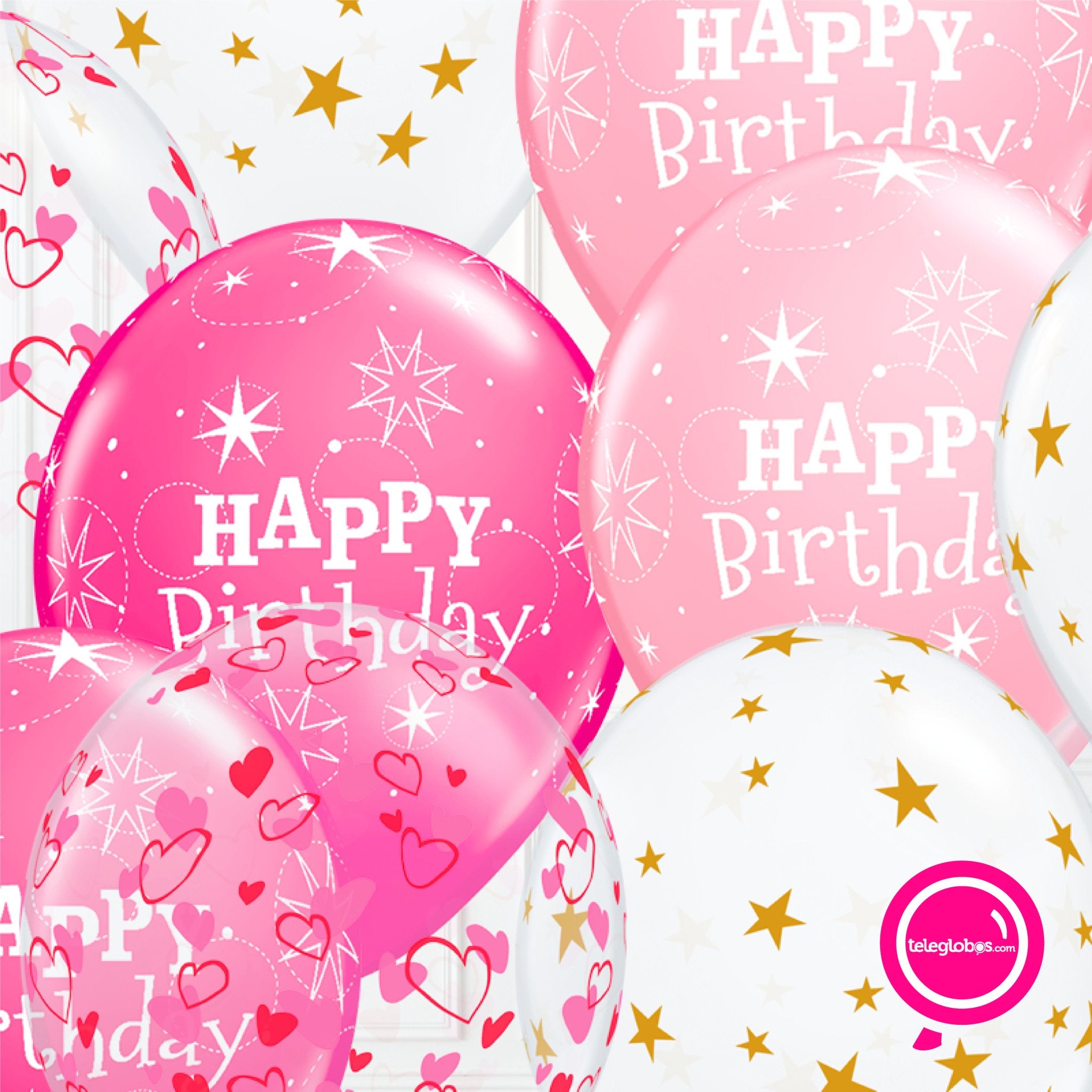 14 globos inflados con helio -Happy Birthday/Corazones/Estrellas- Bio* -RAC027- | Globos y Regalos Teleglobos.com.mx.