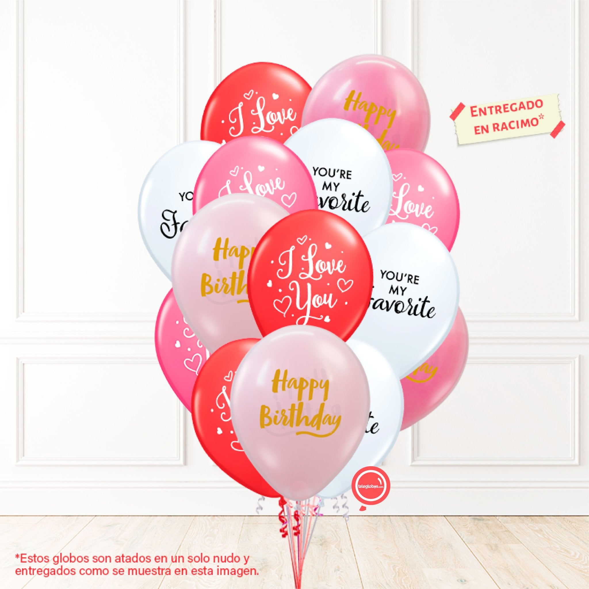 14 globos inflados con helio -I Love You/You're my Favorite/Happy Birthday- Bio* -RAC009- | Globos y Regalos Teleglobos.com.mx.