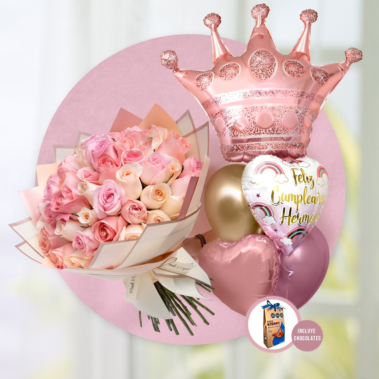 50 Rosas Hermosa, Caricia y Señorita en ramillete + Bouquet de Cumpleaños -Corona Hermosa- -SET055-