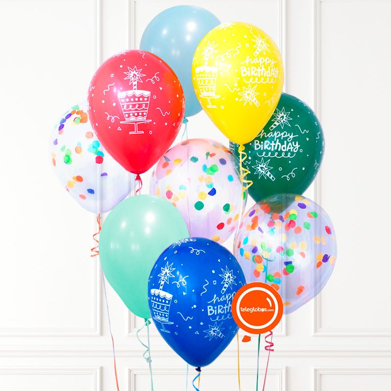 9 globos látex multicolor Cumpleaños -Pastel- | Globos y Regalos Teleglobos.com.mx.