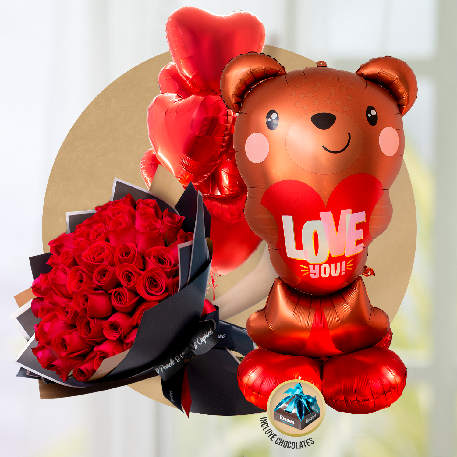 AirLoonz Oso de Amor, 50 Rosas Rojas y 6 Globos de Corazón (con chocolates) -SET084-