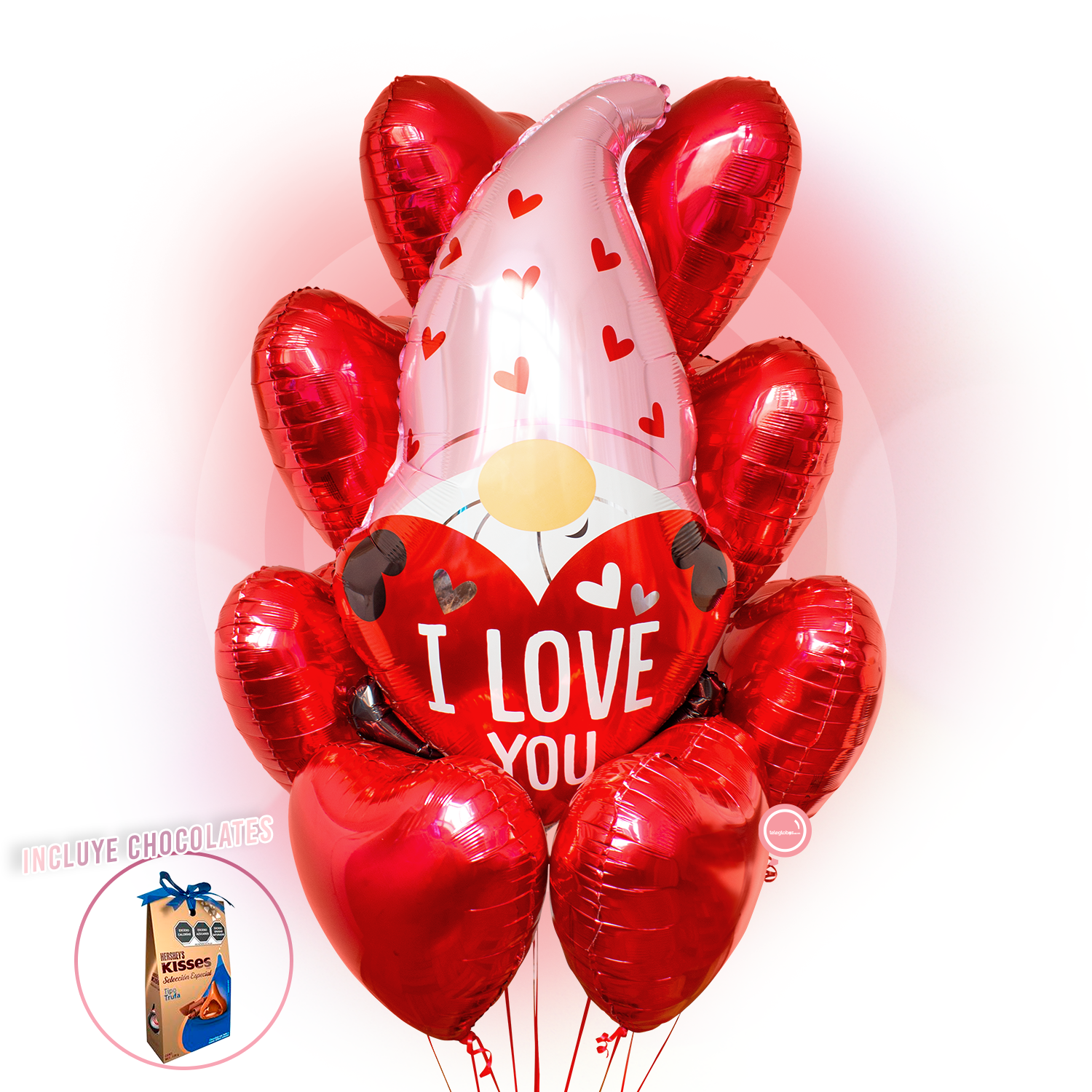 Bouquet de Globos de Amor - 8 Corazones Rojos + Gnomo I Love You