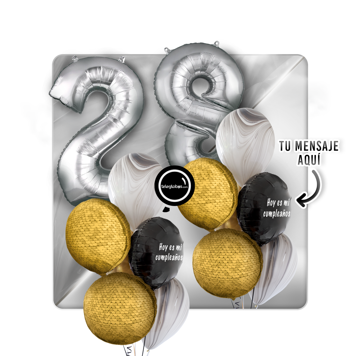 Kit Celebra -Glitter Dorado- con Globos de Helio Número-28