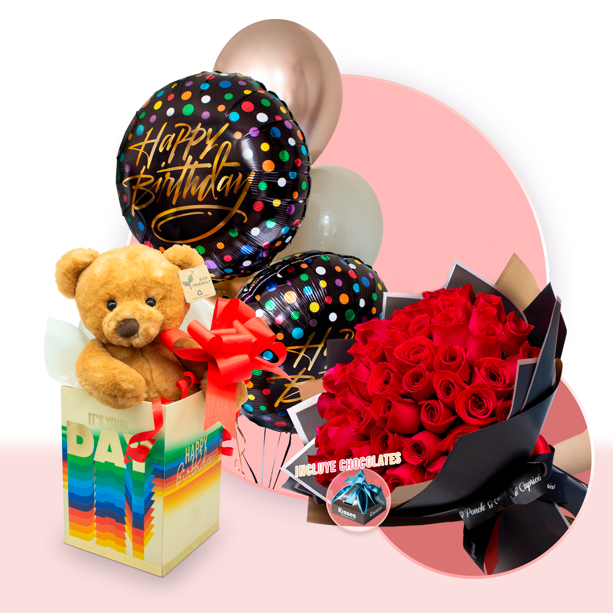 Ramillete de 50 rosas rojas + Bouquet de Globos Inflados con Helio + Oso de Peluche - SET083 -