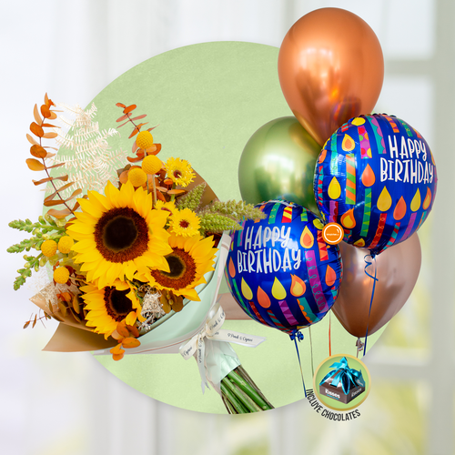 Ramillete de Girasoles, Eucalipto Marrón Preservado, Gerberas y Leather Preservado + Bouquet de Globos -SET079-