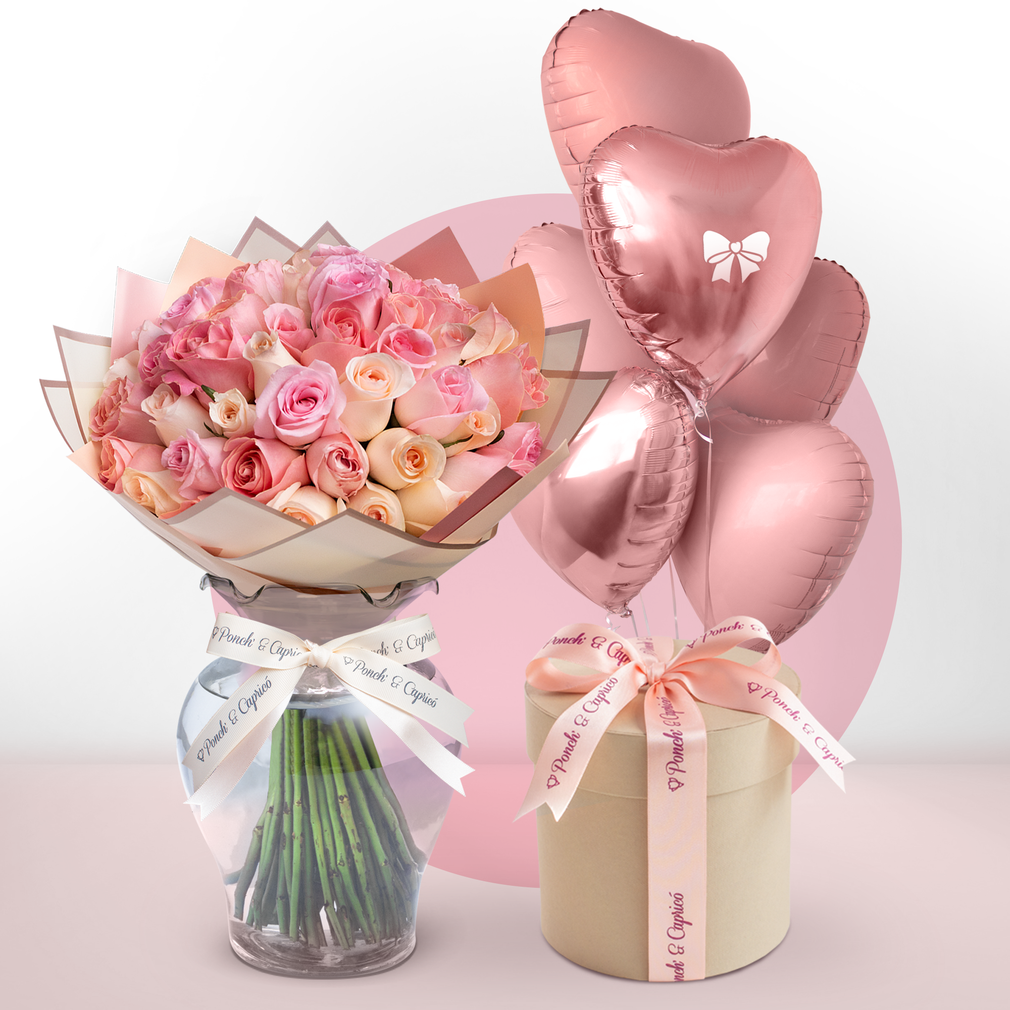 Ramo de 50 Rosas Rosas (Hermosas, Caricia y Señorita) + Bouquet de Globos de Amor + Chocolates - SET089 -