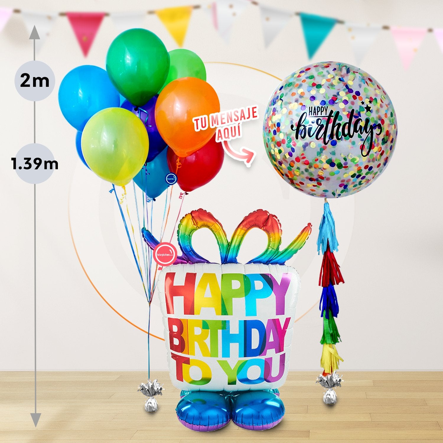 AirLoonz Regalo Happy Birthday, Globo de 36 Personalizado con Confetti y 10 globos de 12