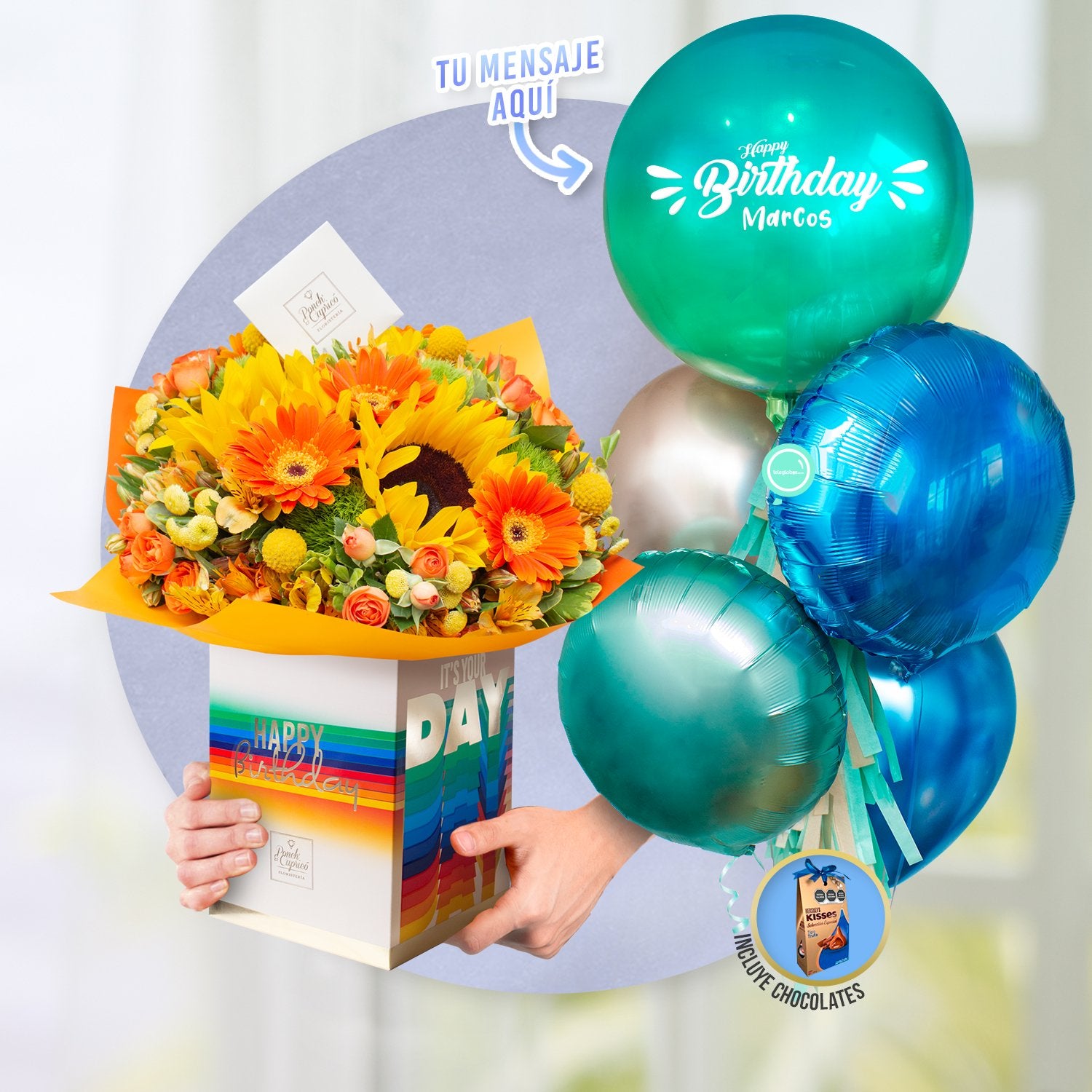 Arreglo Floral de Girasoles, Gerberas Naranjas, Mini Rosas Naranja y Alstromelia Amarilla + Bouquet de Globos Inflados con Helio -SET074-