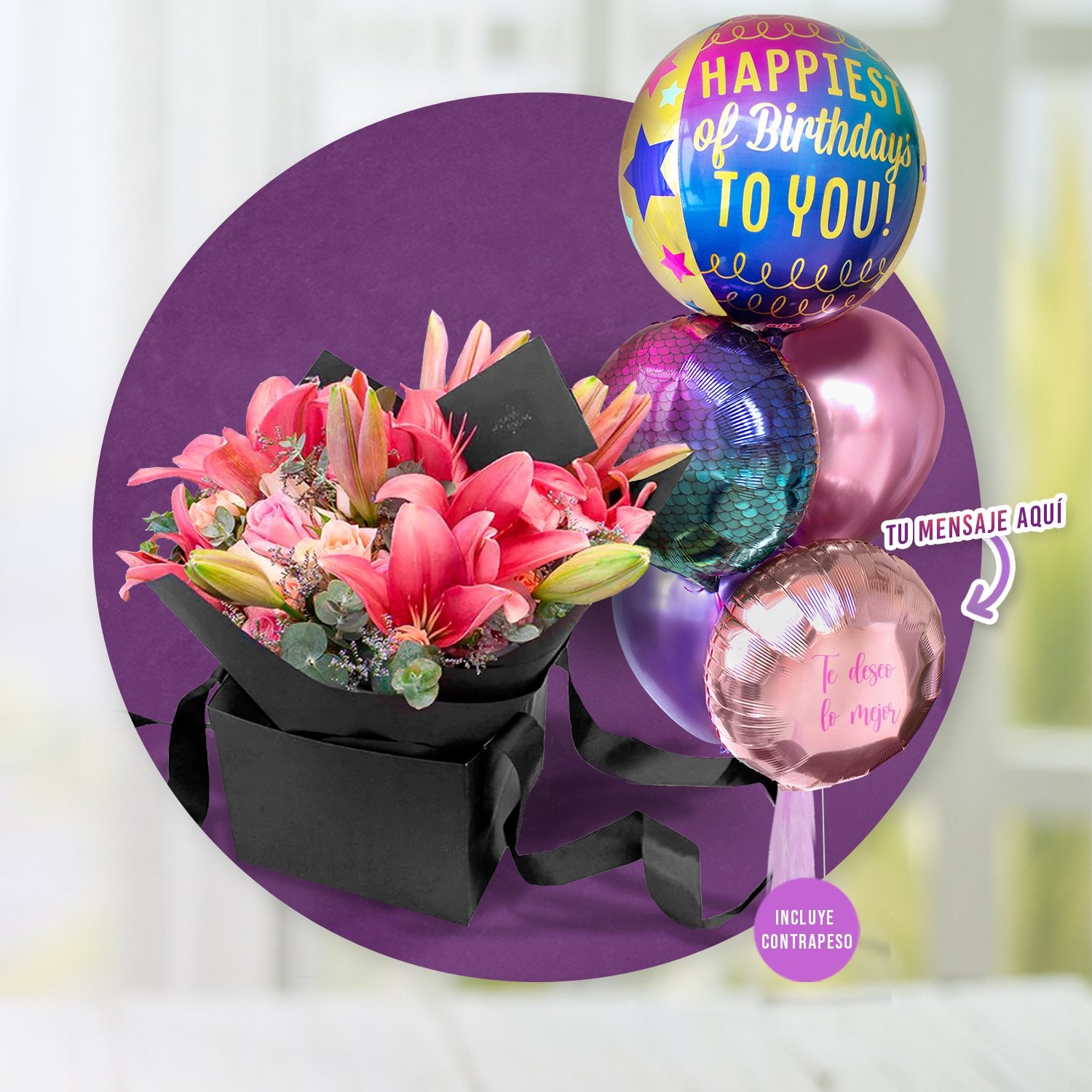 Bouquet de Lillies Rosa, Rosas y Mini Rosas Rosadas y Beige + Bunch de Globos con Helio Personalizado -SET044-
