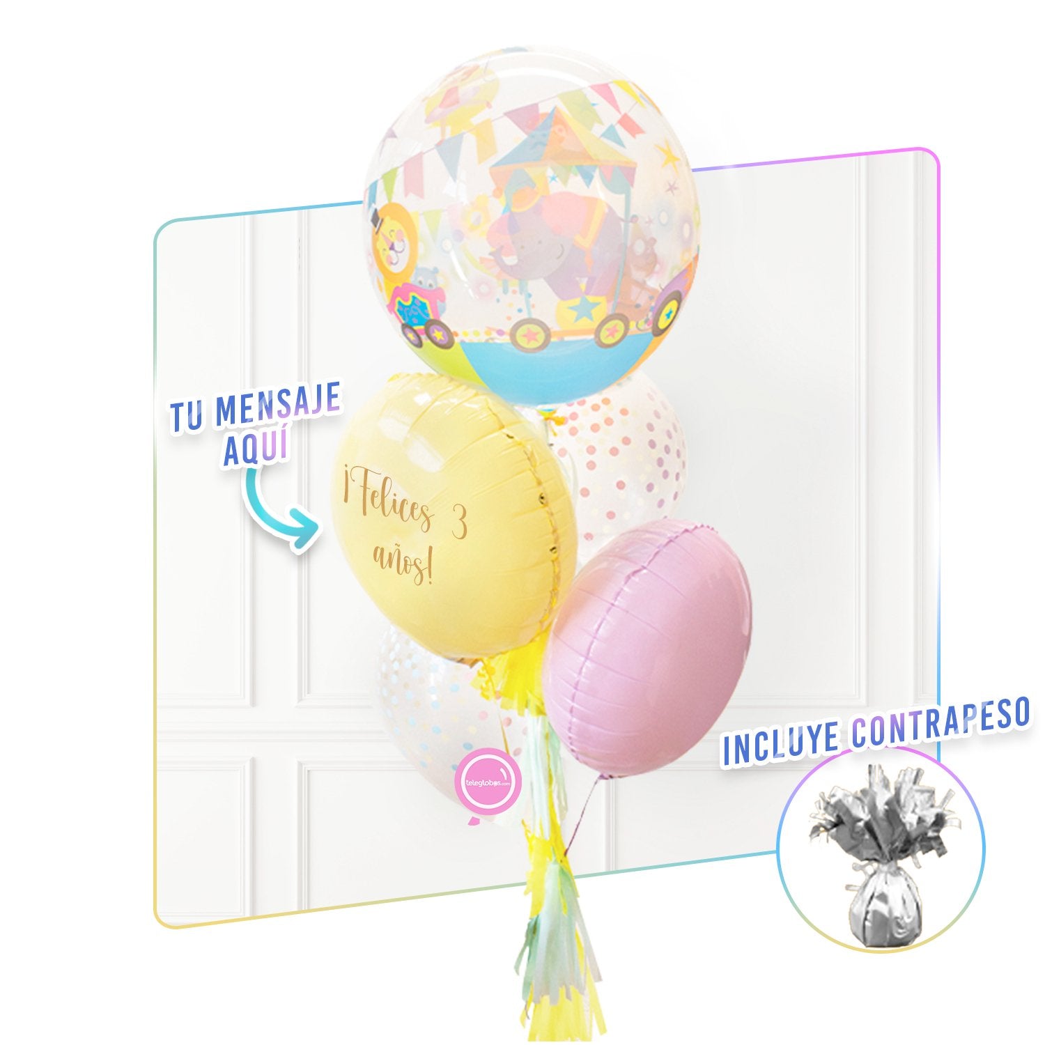 Bunch de globos con helio Burbuja -Circo- y personalizado