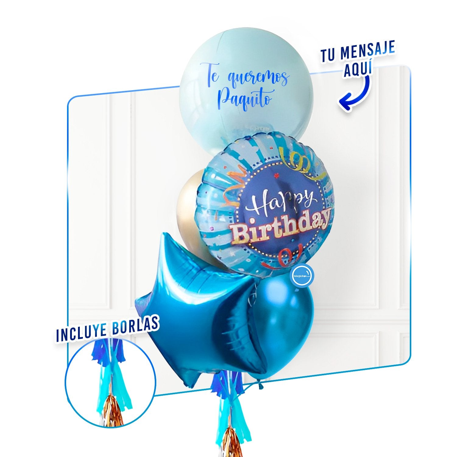 Bunch de Globos con Helio Personalizado - Bright Blue Happy Birthday -