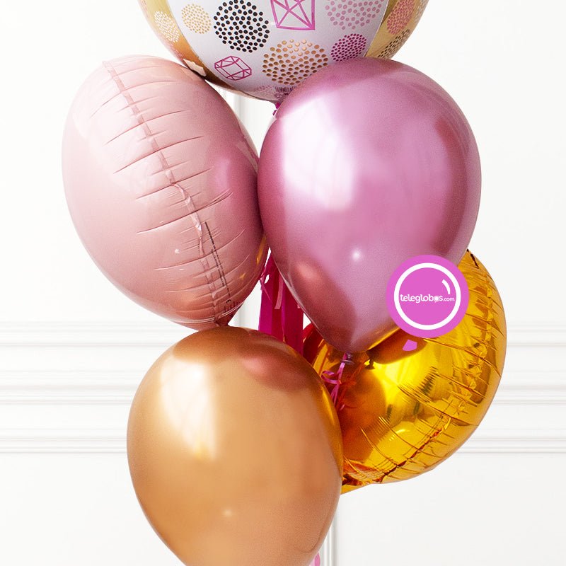 Bunch de globos con helio personalizado y Orbz Impreso (Dorado/Rosa) | Globos y Regalos Teleglobos.com.mx.