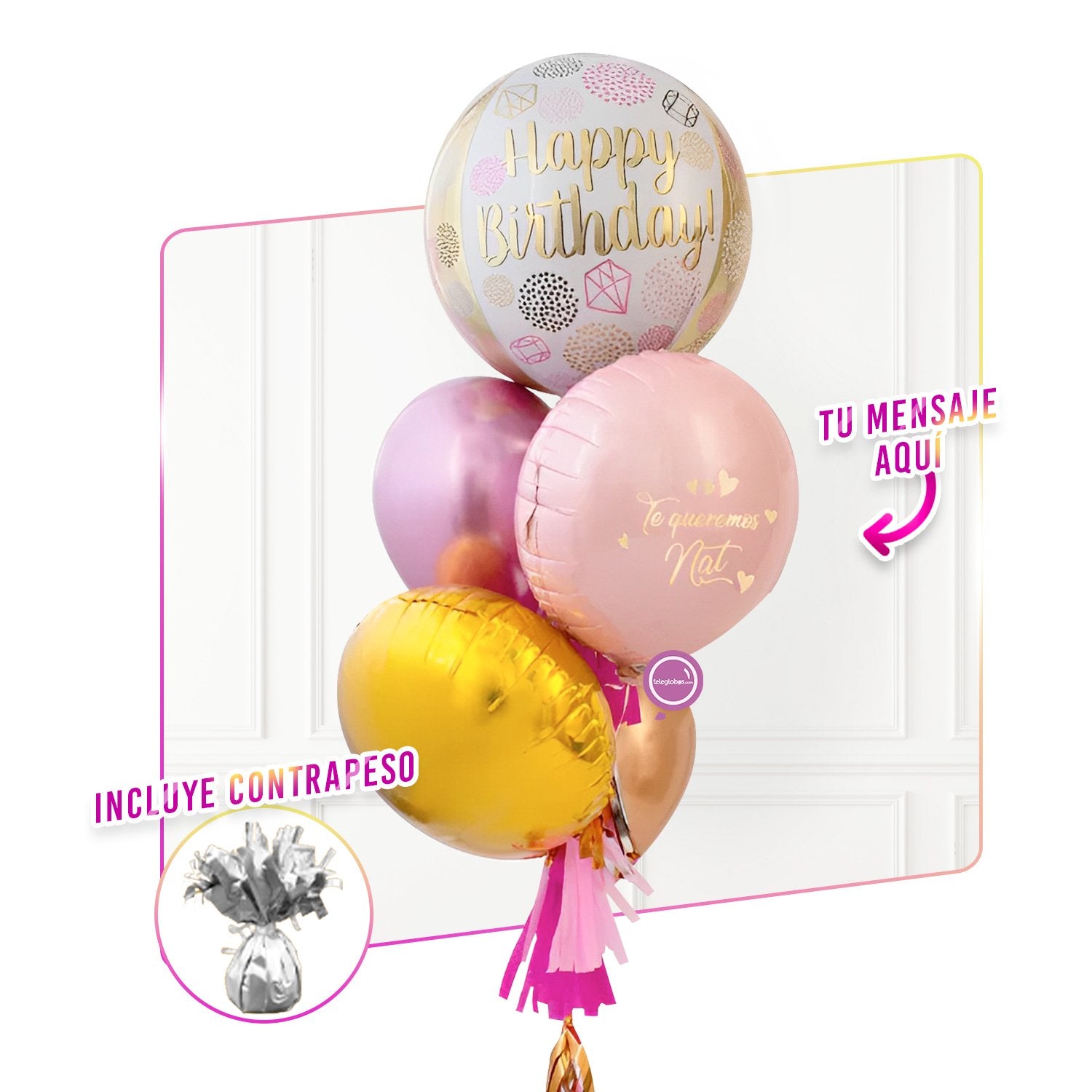 Bunch de globos con helio personalizado y Orbz Impreso (DoradoRosa)