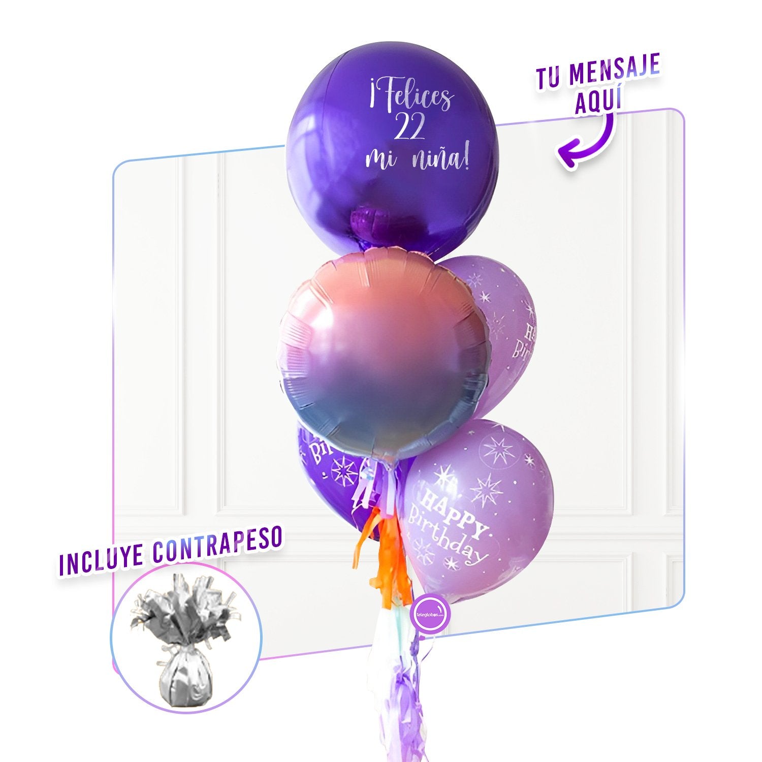 Bunch de globos con helio personalizado y Orbz Purpura Personalizado | Globos y Regalos Teleglobos.com.mx.