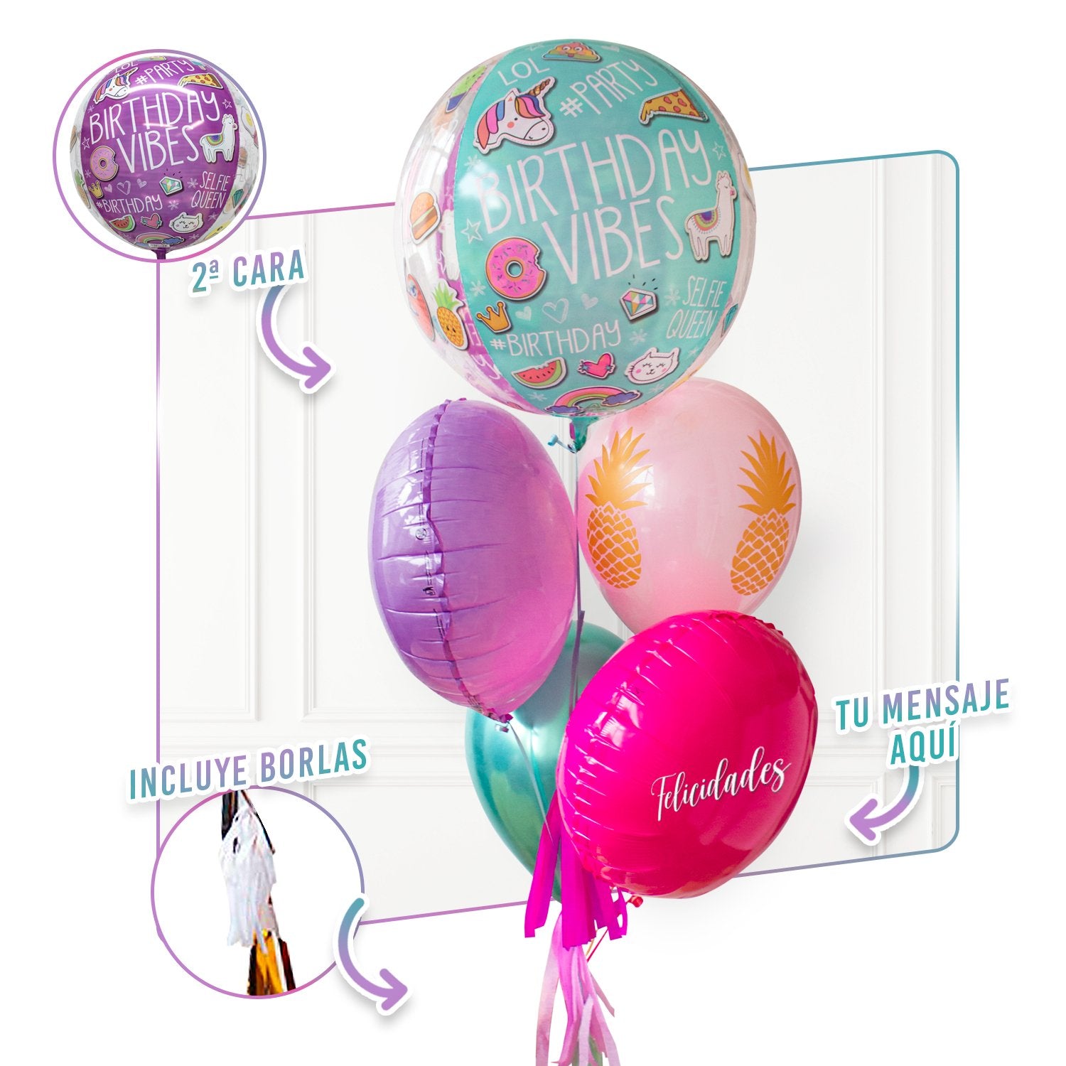 Bunch de globos con helio - Piña y personalizado