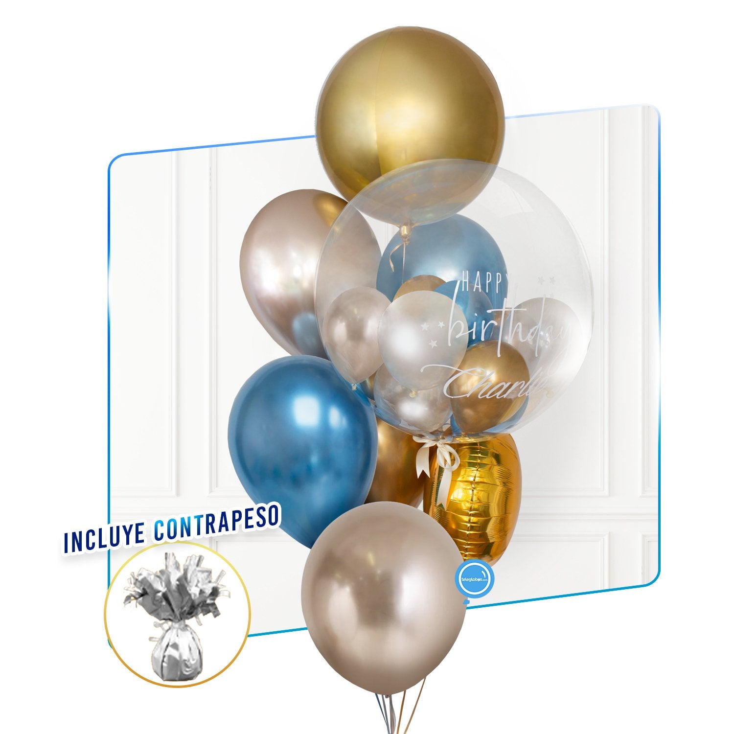 Bunch de globos y burbuja personalizada con helio - Gold Birthday -