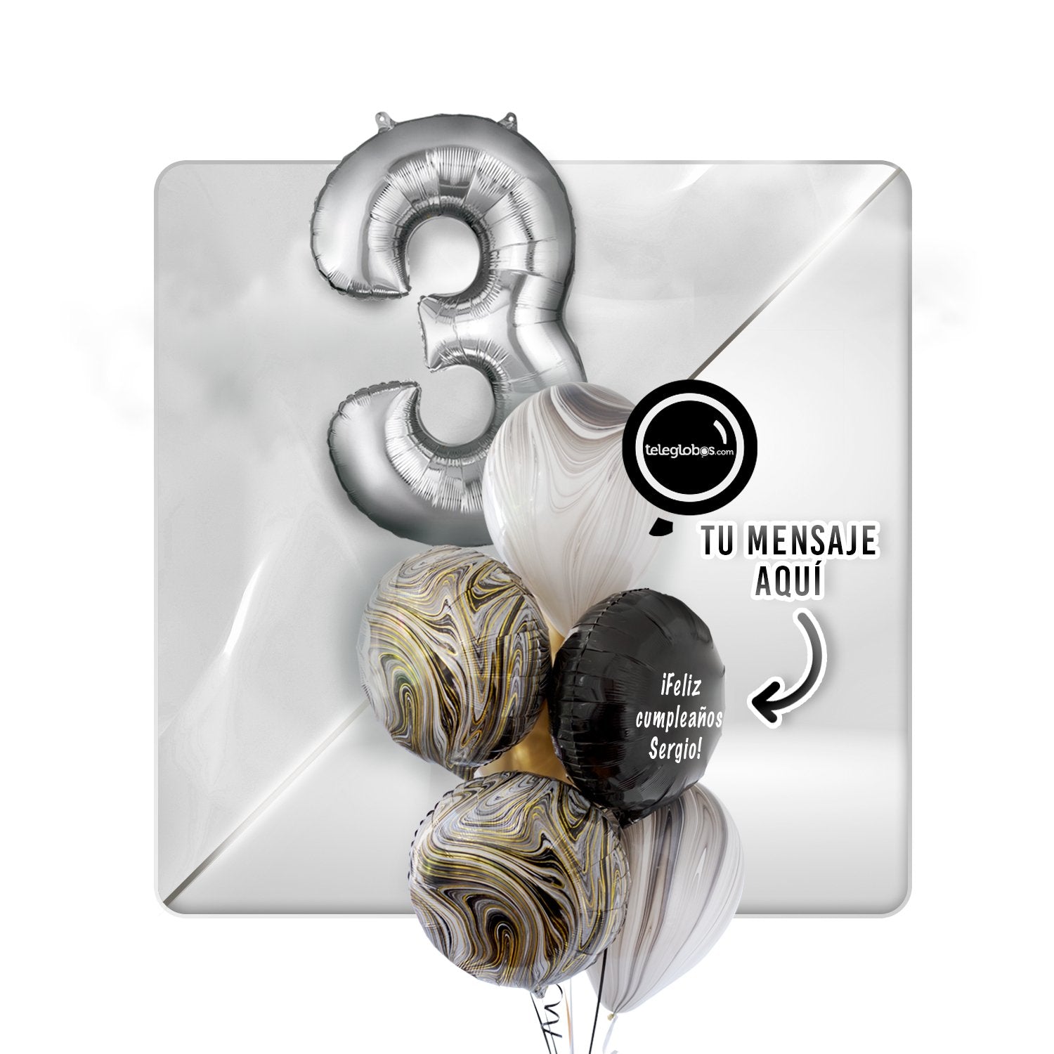 Kit Celebra -Silver Marblez- con Globos de Helio (Una Torre) Número-3