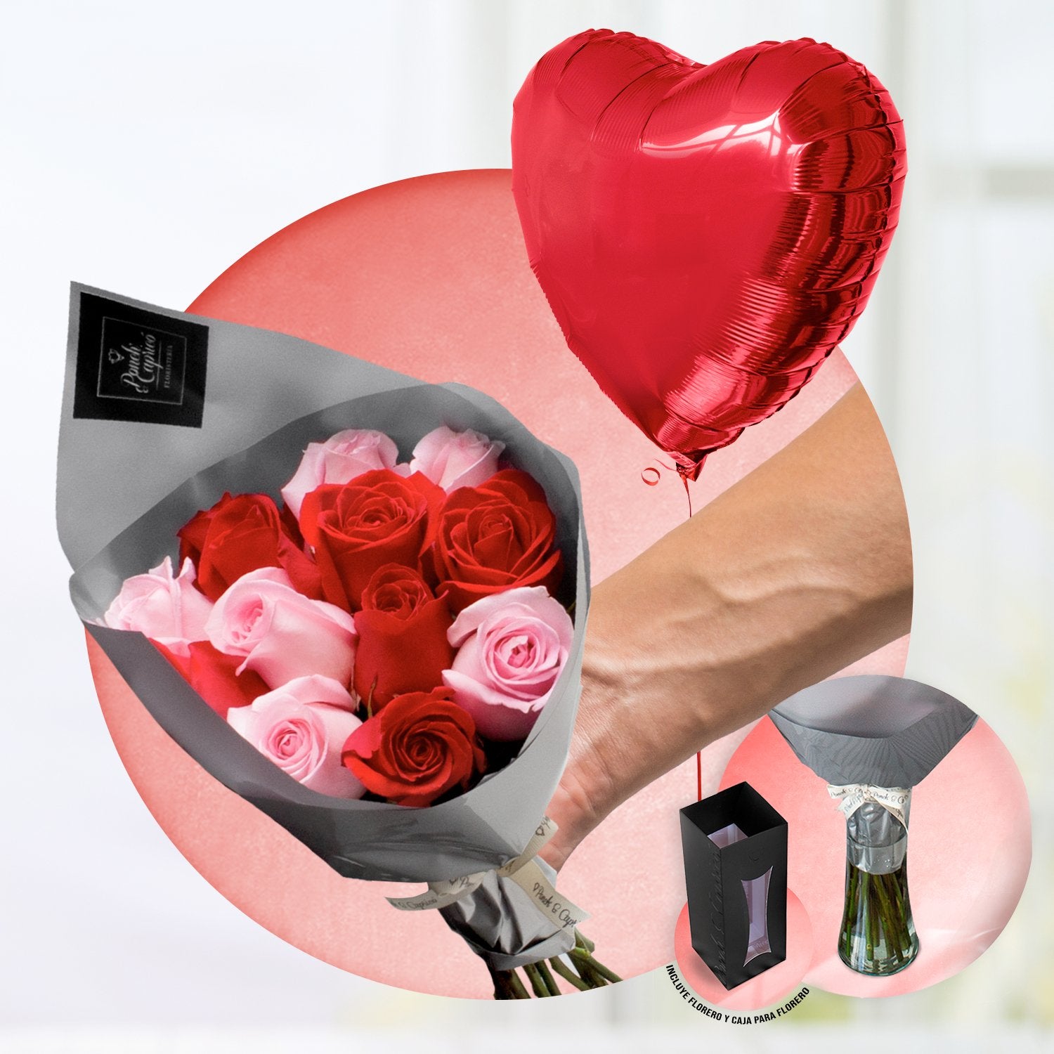 Ramillete de 12 rosas rojas y rosadas + Florero + Corazón Rojo de 18" inflado con helio