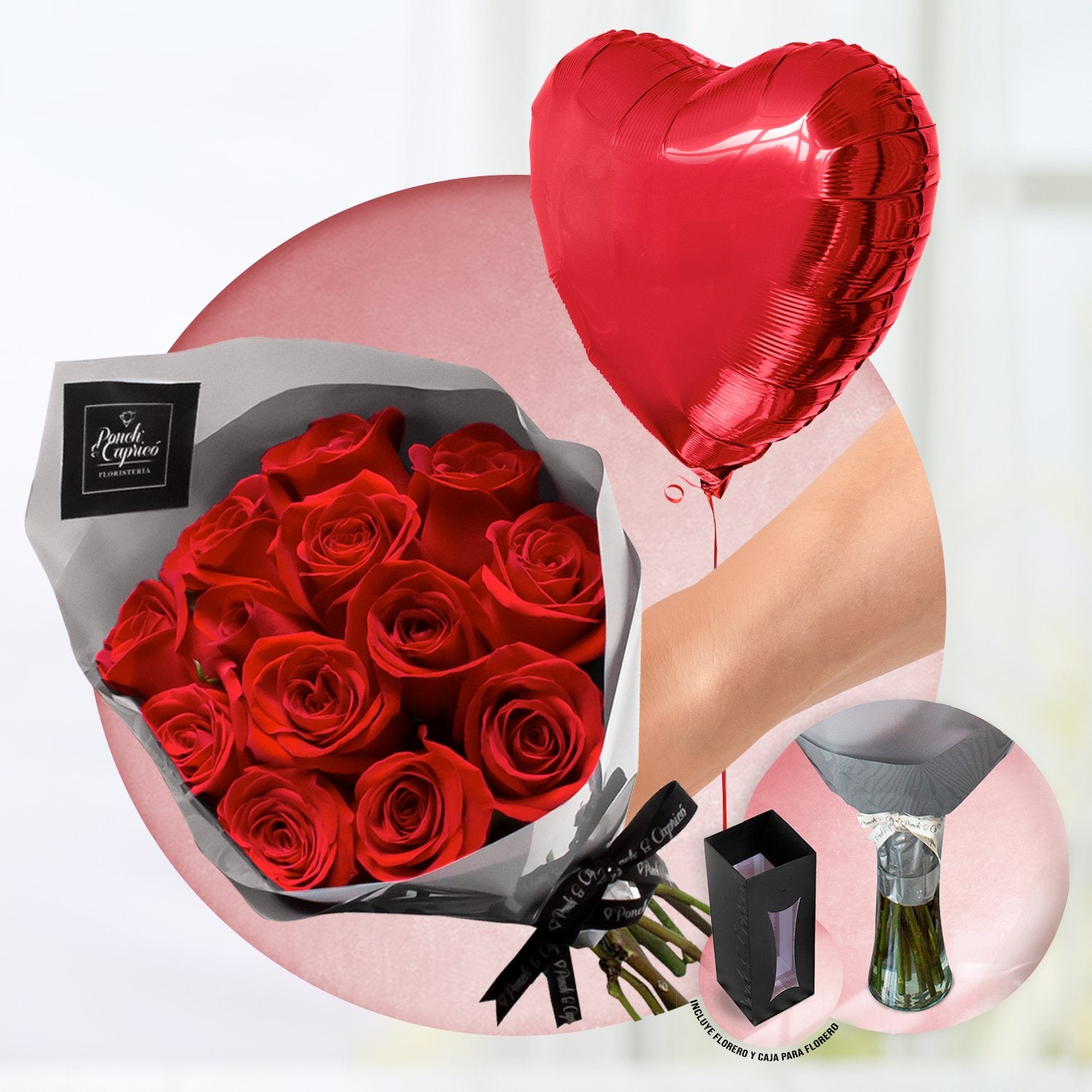 Ramillete de 12 rosas rojas + Florero + Corazón Rojo de 18" inflado con helio
