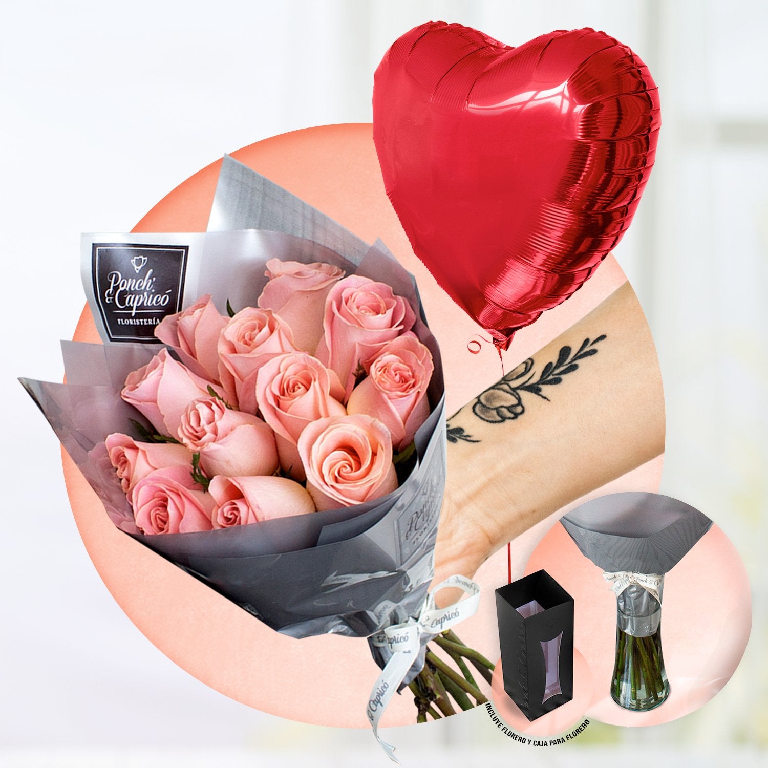 Ramillete de 12 rosas hermosas + Florero + Corazón Rojo de 18" inflado con helio