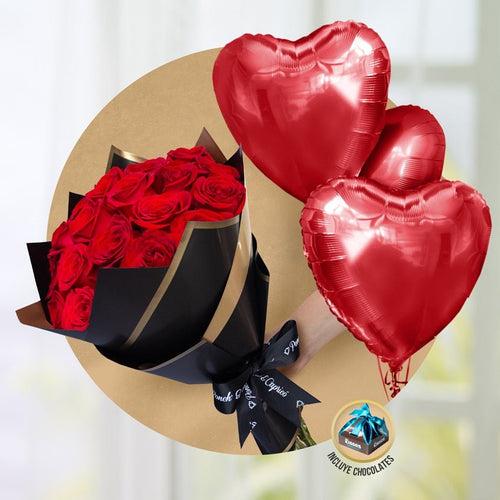 Red 24 Roses Boulte + Bouquet de balloons of love -set070-