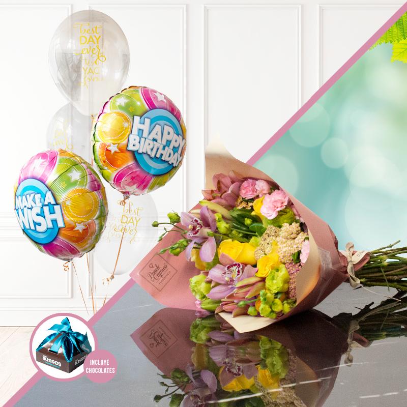 Ramillete de Orquídeas, Rosas, Lisianthus y Lillies + Bouquet de globos de cumpleaños -SET010- | Globos y Regalos Teleglobos.com.mx.